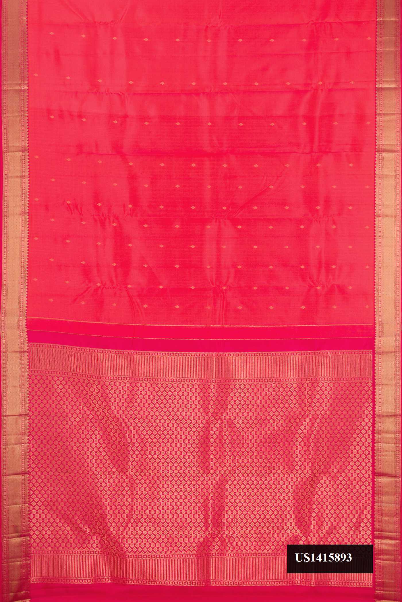 Coral Dual Tone Kanchipuram Silk Saree with Zari Butta on the body and Zari Border.  displayed on a mannequin