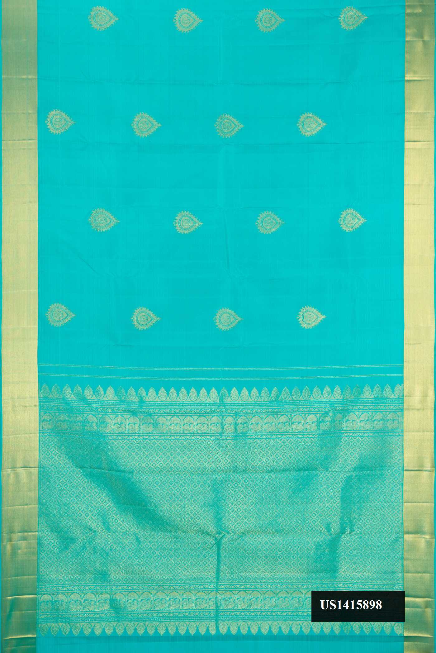 Sky Blue Dual Tone Kanchipuram Silk Saree with Zari Butta on the body and Zari Border.  displayed on a mannequin