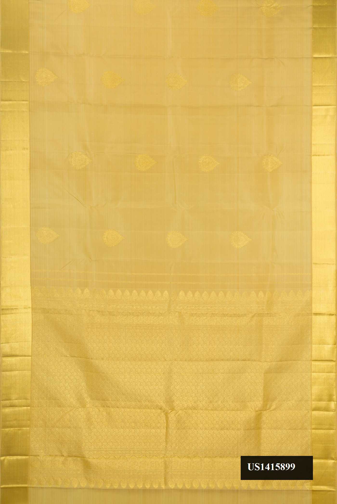 Pista Green Dual Tone Kanchipuram Silk Saree with Zari Butta on the body and Zari Border.  displayed on a mannequin