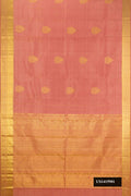 Rose Gold Dual Tone Kanchipuram Silk Saree with Zari Butta on the body and Zari Border.  displayed on a mannequin