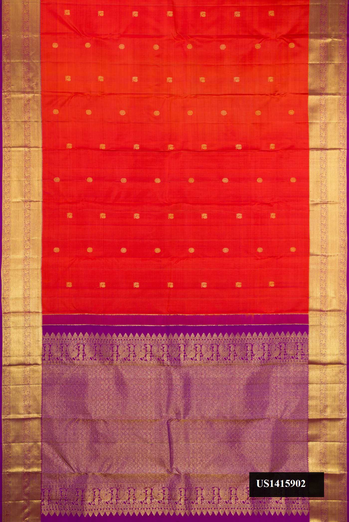 Brick Orange Dual Tone Kanchipuram Silk Saree with Zari Butta on the body and Zari Border.  displayed on a mannequin