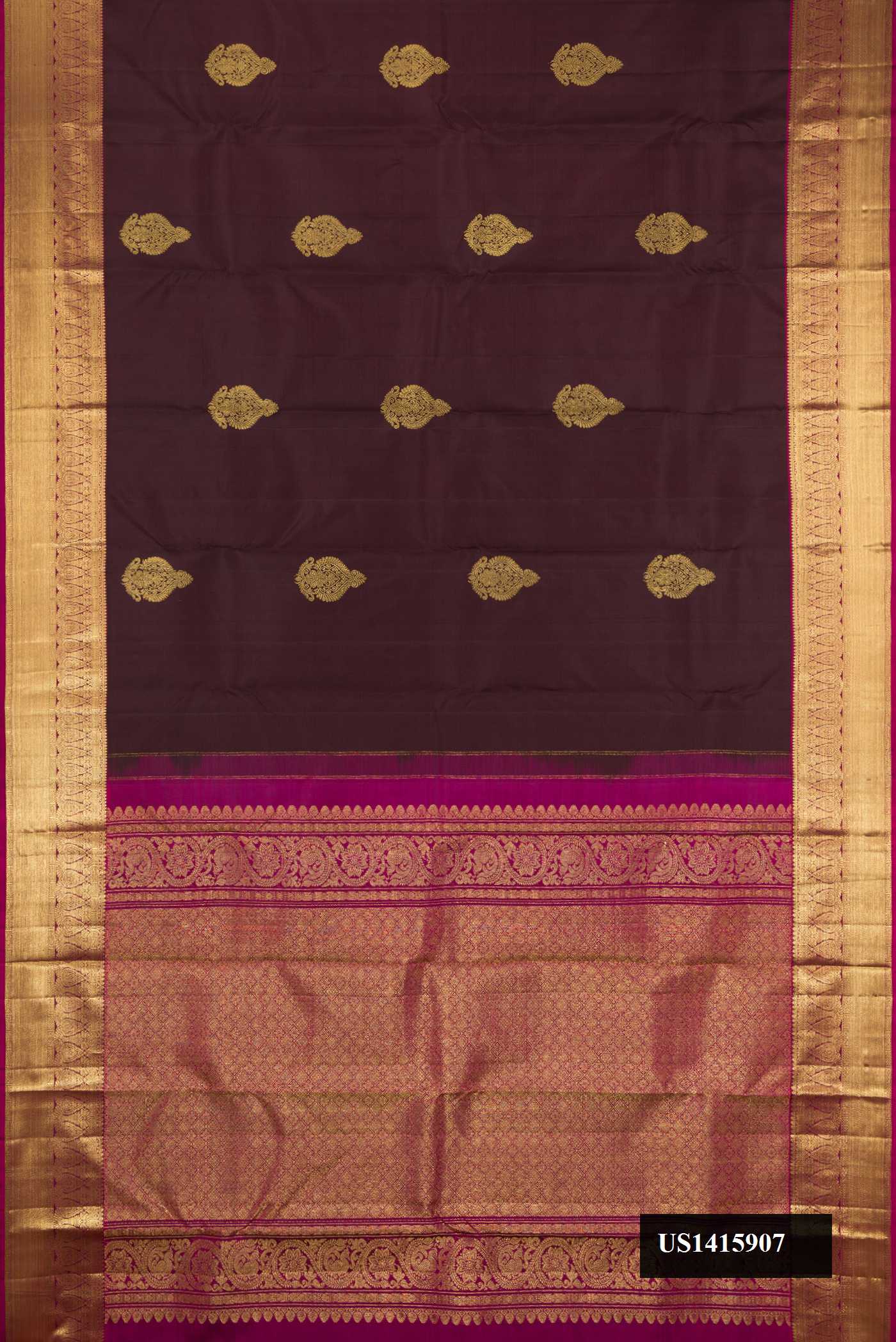 Coffee Brown Dual Tone Kanchipuram Silk Saree with Zari Butta on the body and Zari Border.  displayed on a mannequin