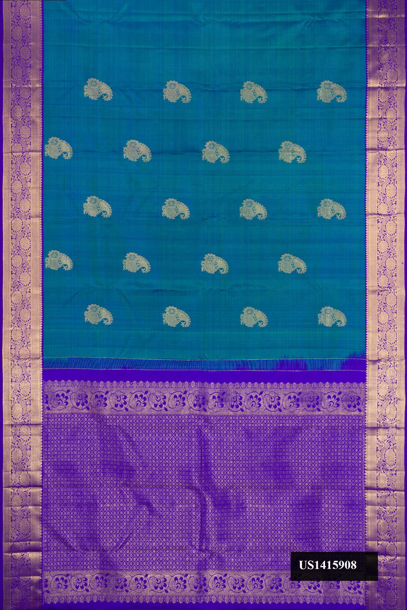 Peacock Blue Dual Tone Kanchipuram Silk Saree with Zari Butta on the body and Zari Border.  displayed on a mannequin