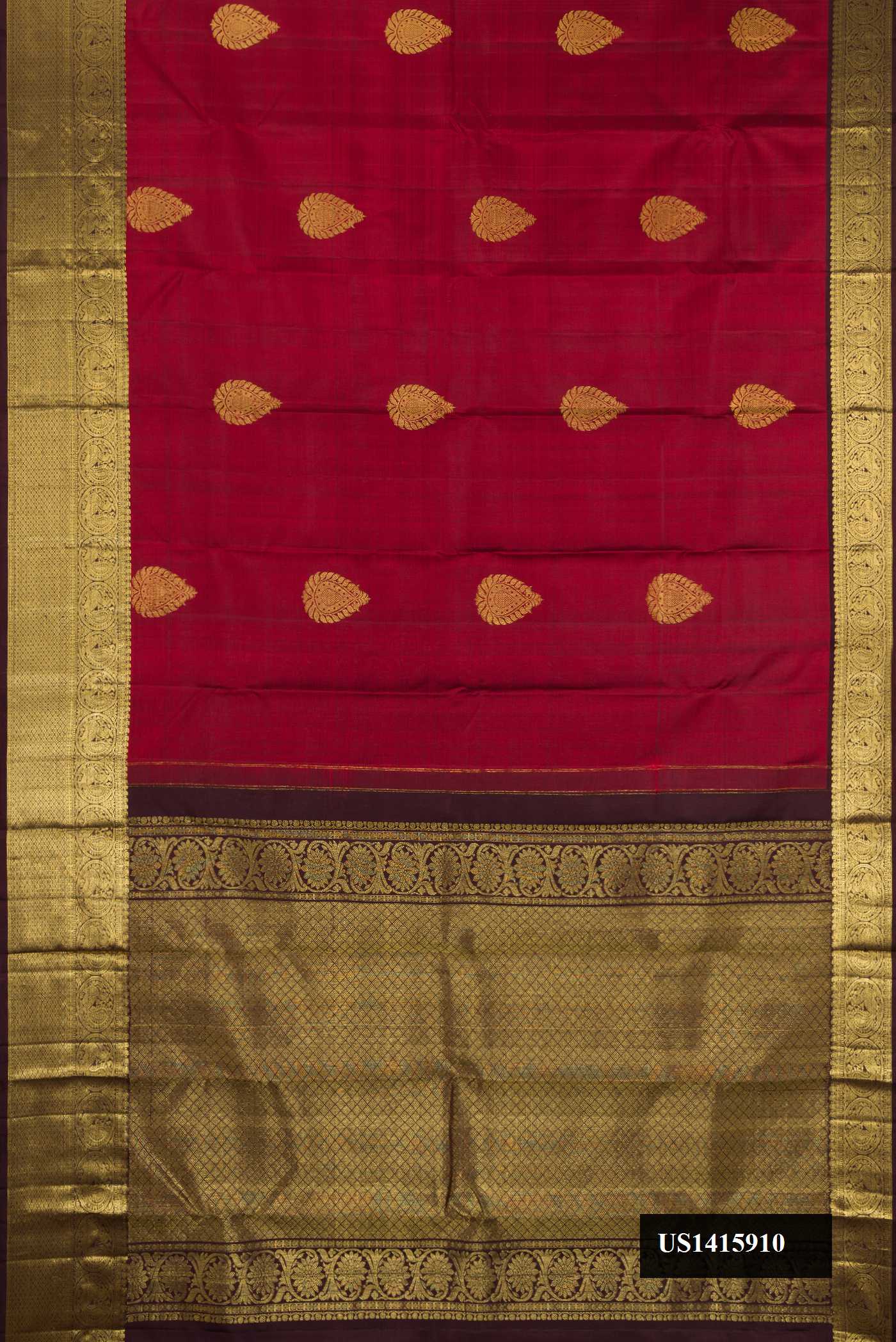 Maroon Dual Tone Kanchipuram Silk Saree with Zari Butta on the body and Zari Border.  displayed on a mannequin