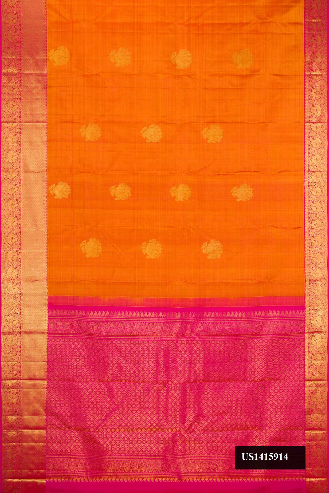 Mustard Dual Tone Kanchipuram Silk Saree with Zari Butta on the body and Zari Border.  displayed on a mannequin