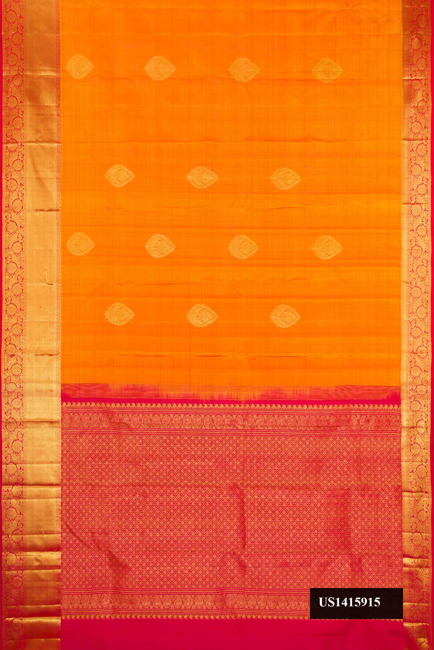 Mustard Dual Tone Kanchipuram Silk Saree with Zari Butta on the body and Zari Border.  displayed on a mannequin