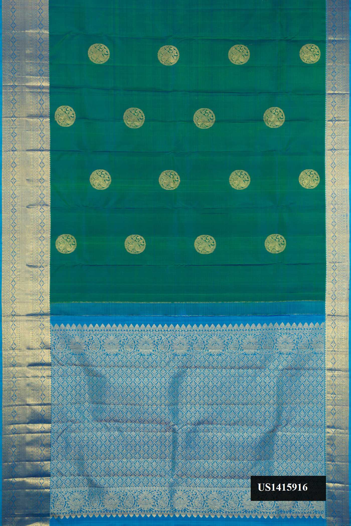 Green Dual Tone Kanchipuram Silk Saree with Zari Butta on the body and Zari Border.  displayed on a mannequin