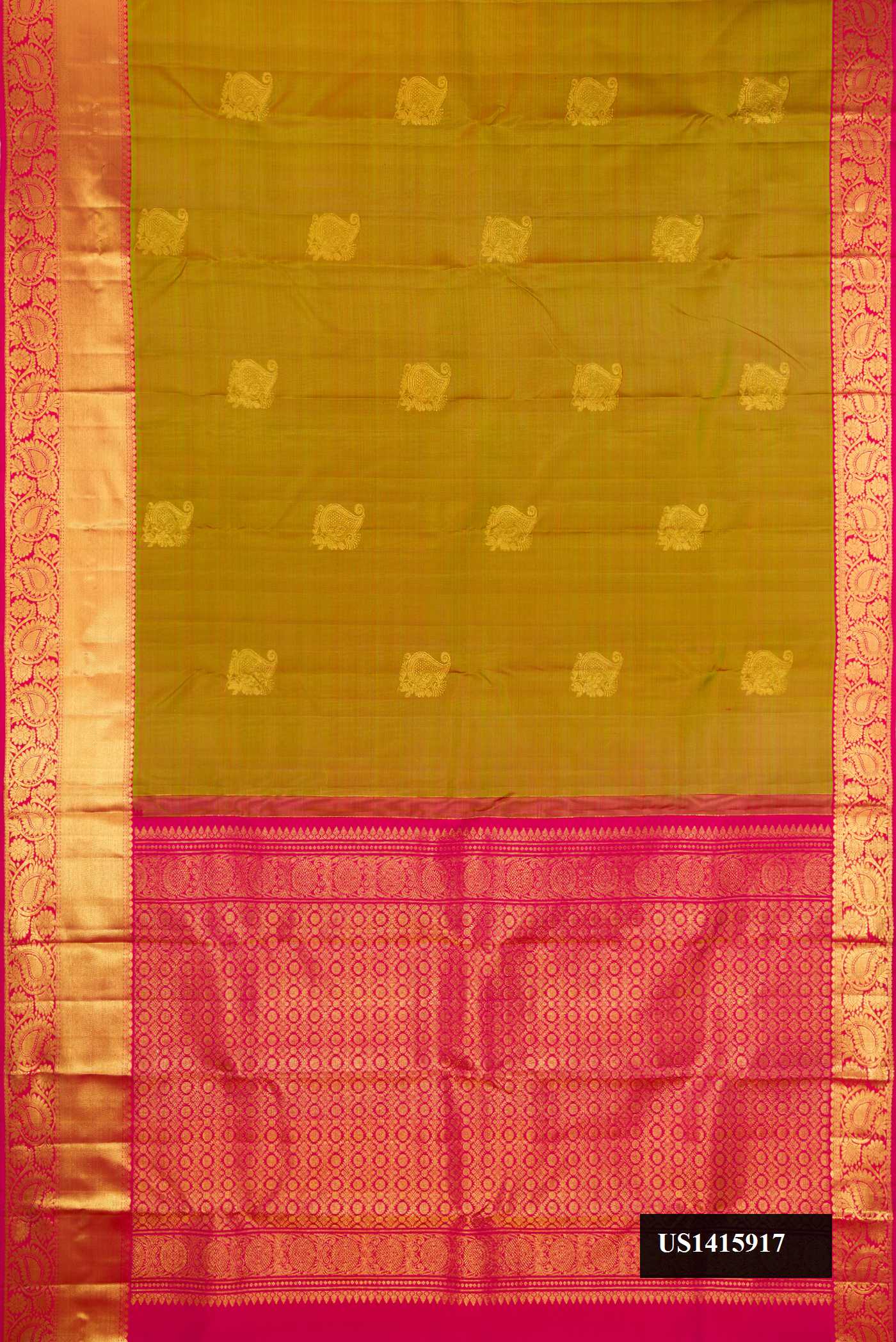 Mehandi Green Dual Tone Kanchipuram Silk Saree with Zari Butta on the body and Zari Border.  displayed on a mannequin