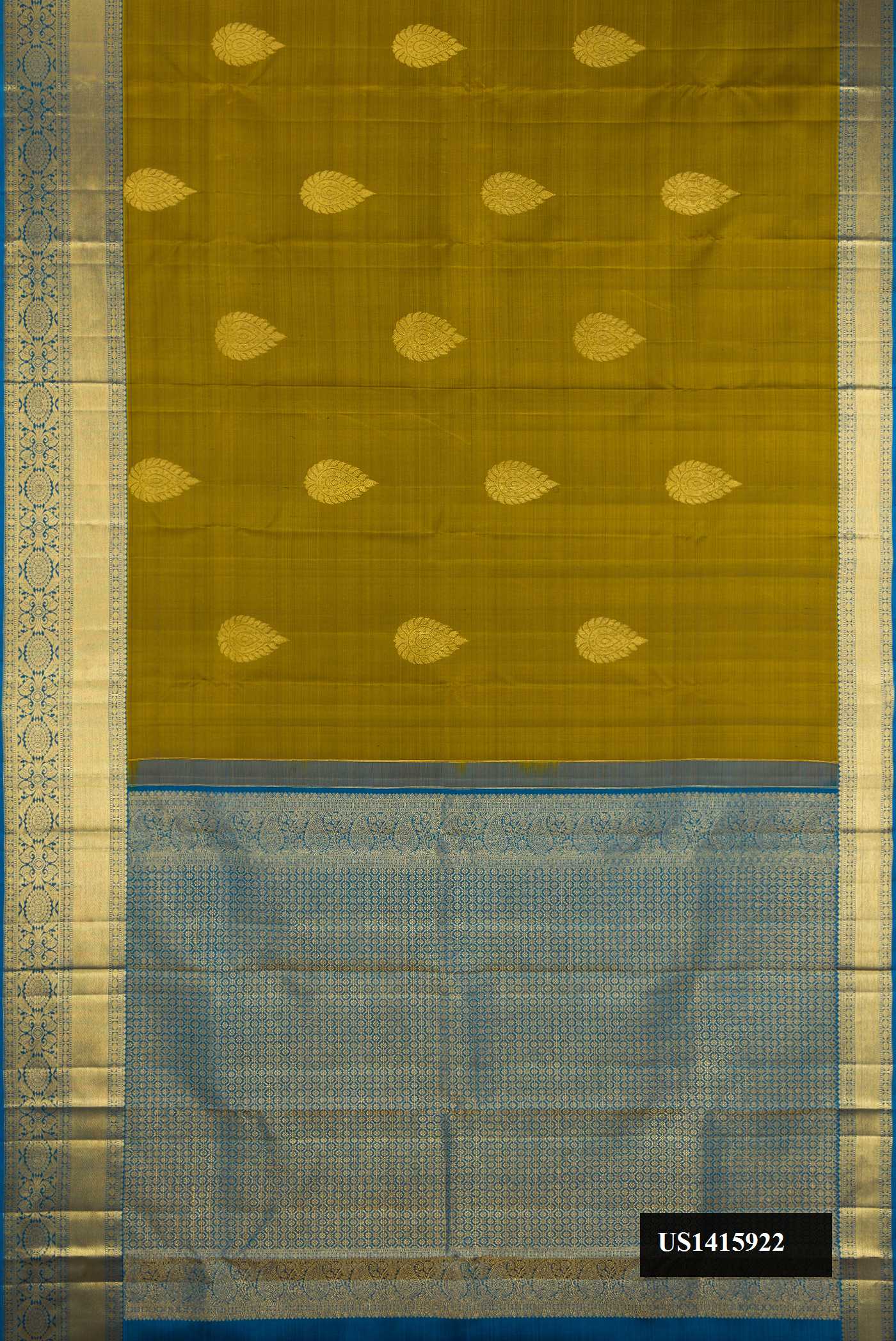 Mehandi Green Dual Tone Kanchipuram Silk Saree with Zari Butta on the body and Zari Border.  displayed on a mannequin