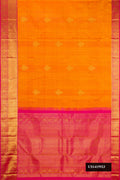 Mustard Dual Tone Kanchipuram Silk Saree with Zari Butta on the body and Zari Border.  displayed on a mannequin