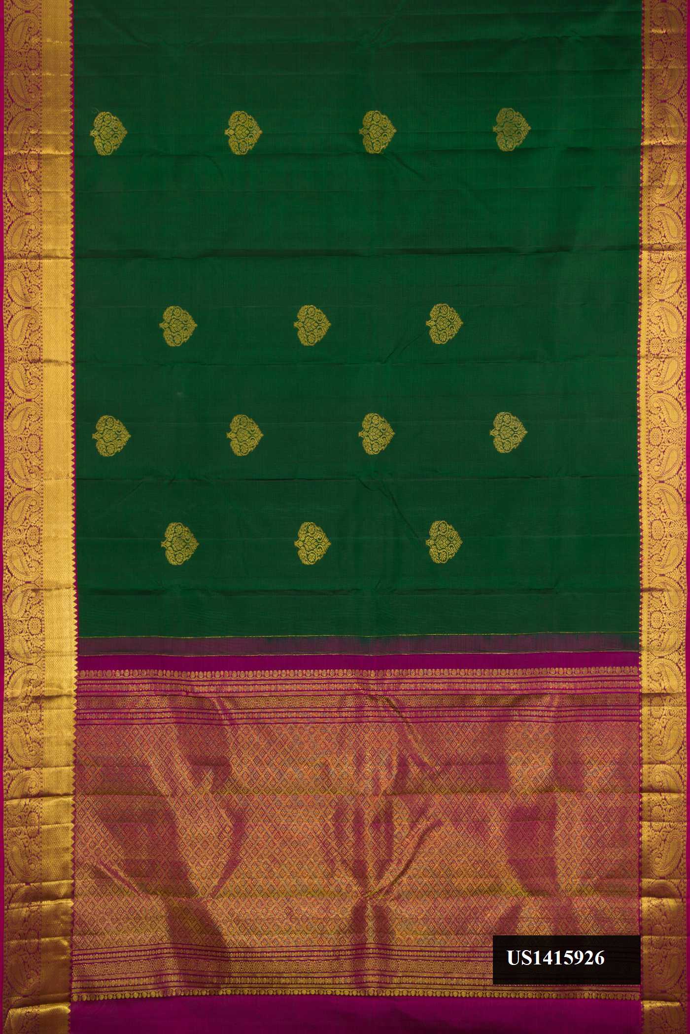 Bottle Green Dual Tone Kanchipuram Silk Saree with Zari Butta on the body and Zari Border.  displayed on a mannequin
