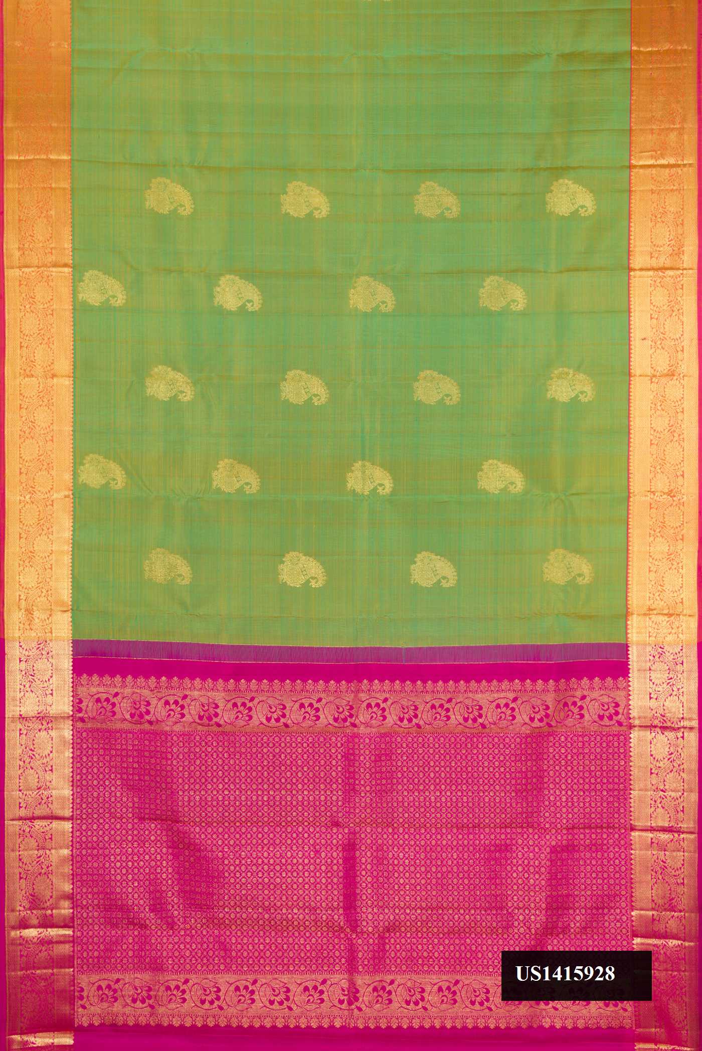 Parrot Green Dual Tone Kanchipuram Silk Saree with Zari Butta on the body and Zari Border.  displayed on a mannequin