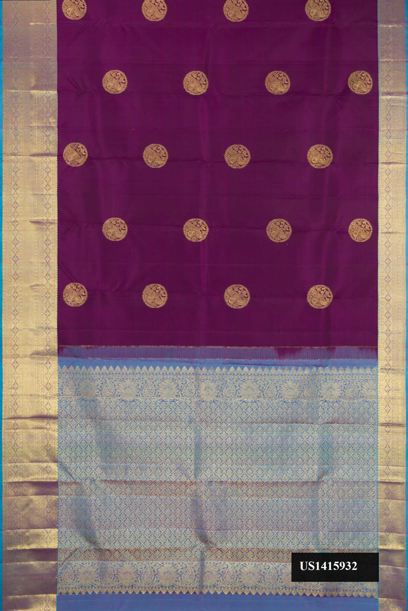 Purple Dual Tone Kanchipuram Silk Saree with Zari Butta on the body and Zari Border.  displayed on a mannequin