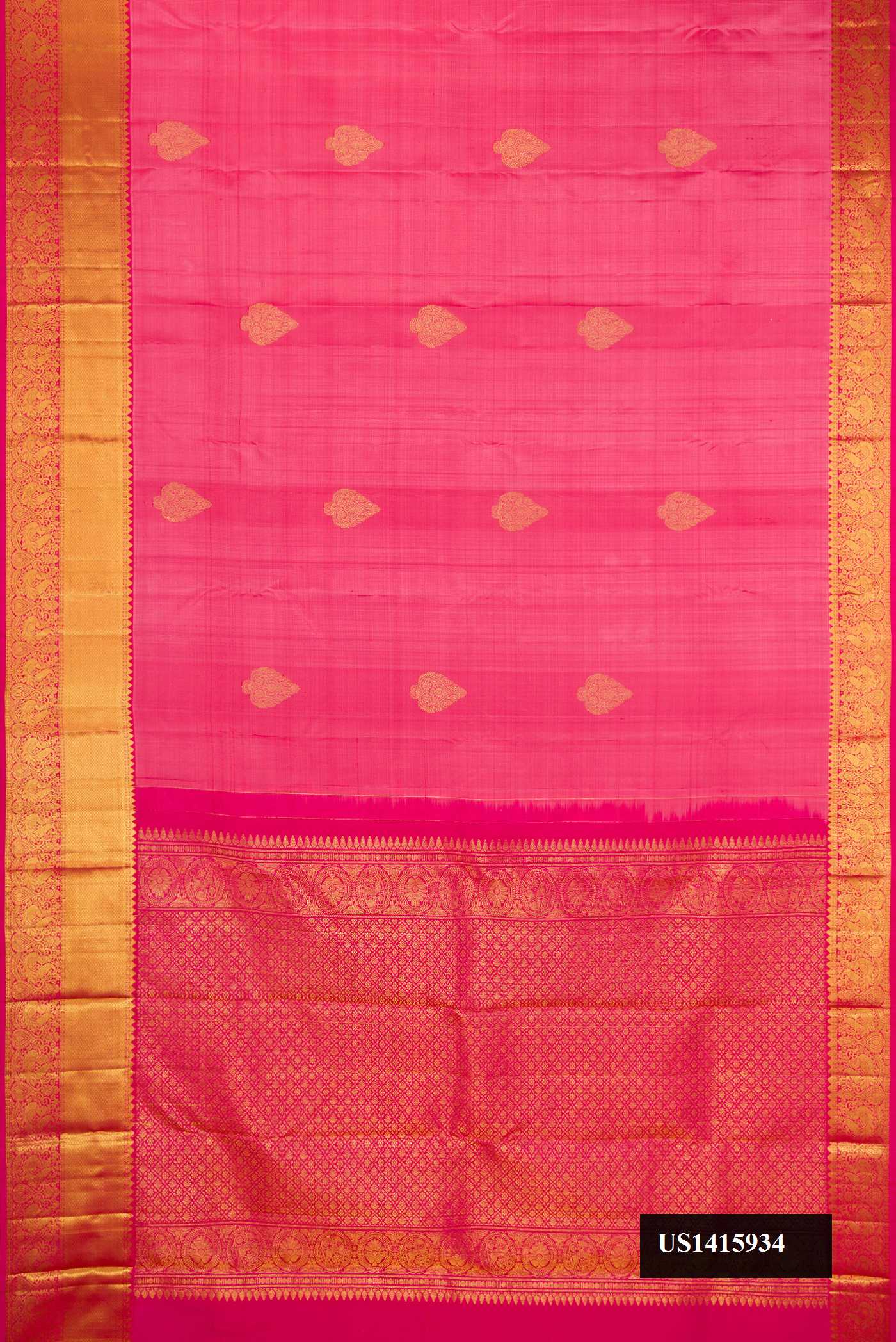 Pink Dual Tone Kanchipuram Silk Saree with Zari Butta on the body and Zari Border.  displayed on a mannequin