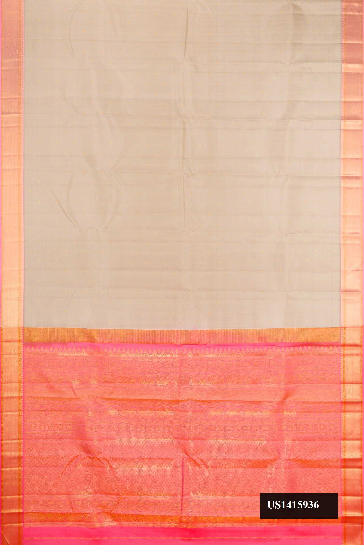 Beige Dual Tone Kanchipuram Silk Saree with Zari Butta on the body and Zari Border.  displayed on a mannequin