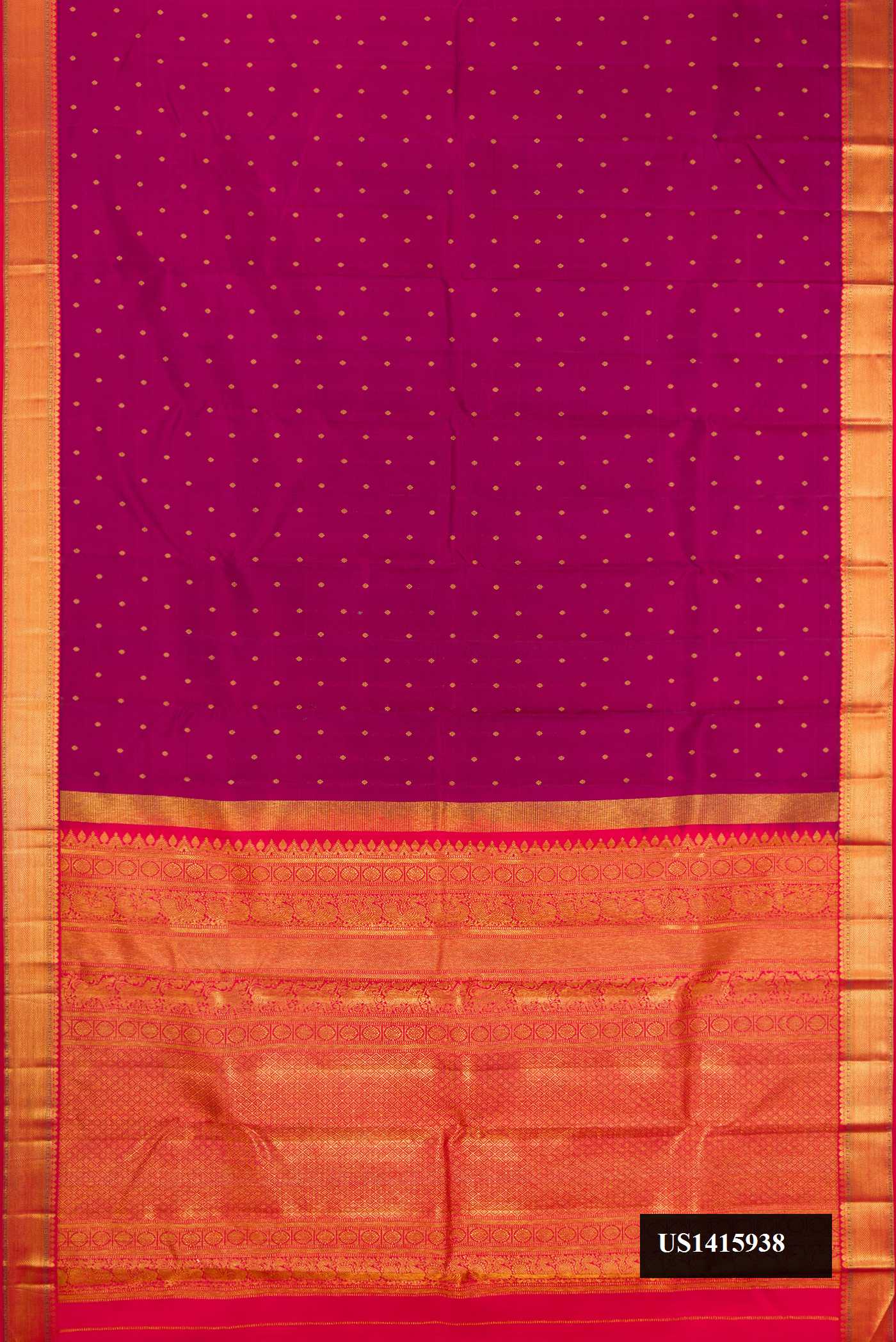 Magenta Dual Tone Kanchipuram Silk Saree with Zari Butta on the body and Zari Border.  displayed on a mannequin