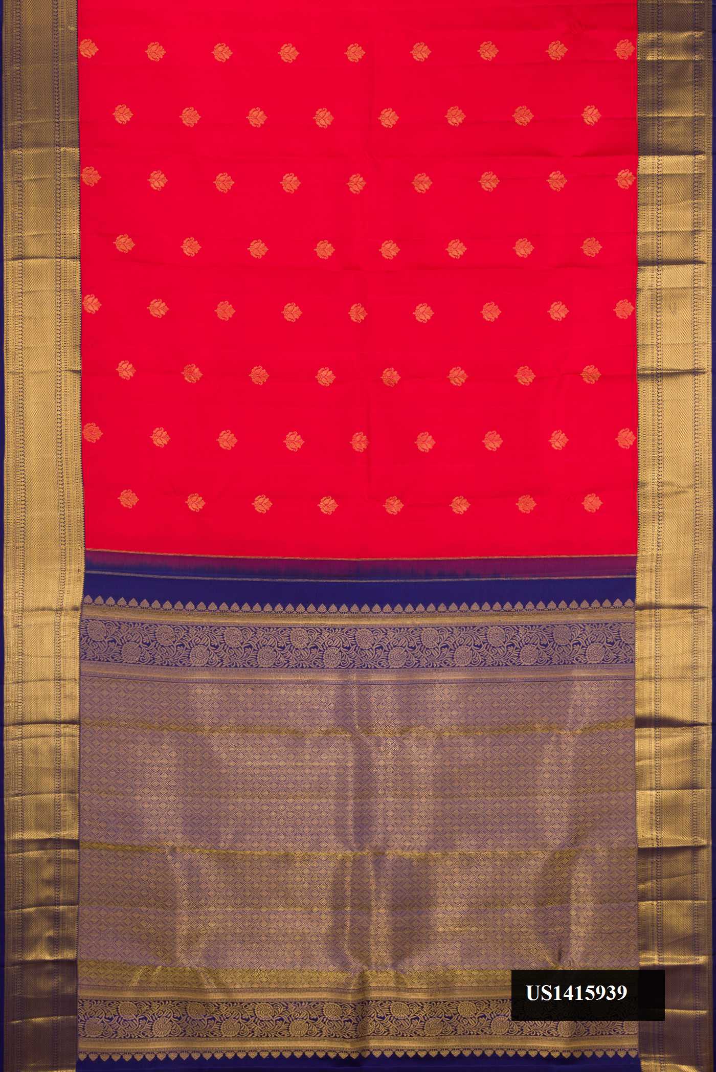 Red Dual Tone Kanchipuram Silk Saree with Zari Butta on the body and Zari Border.  displayed on a mannequin