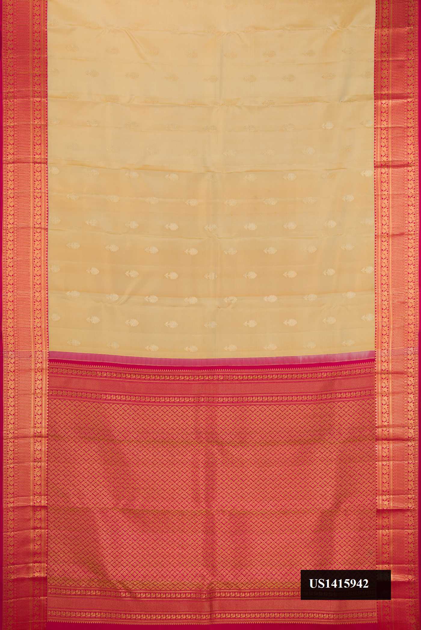 Dark Beige Dual Tone Kanchipuram Silk Saree with Zari Butta on the body and Zari Border.  displayed on a mannequin