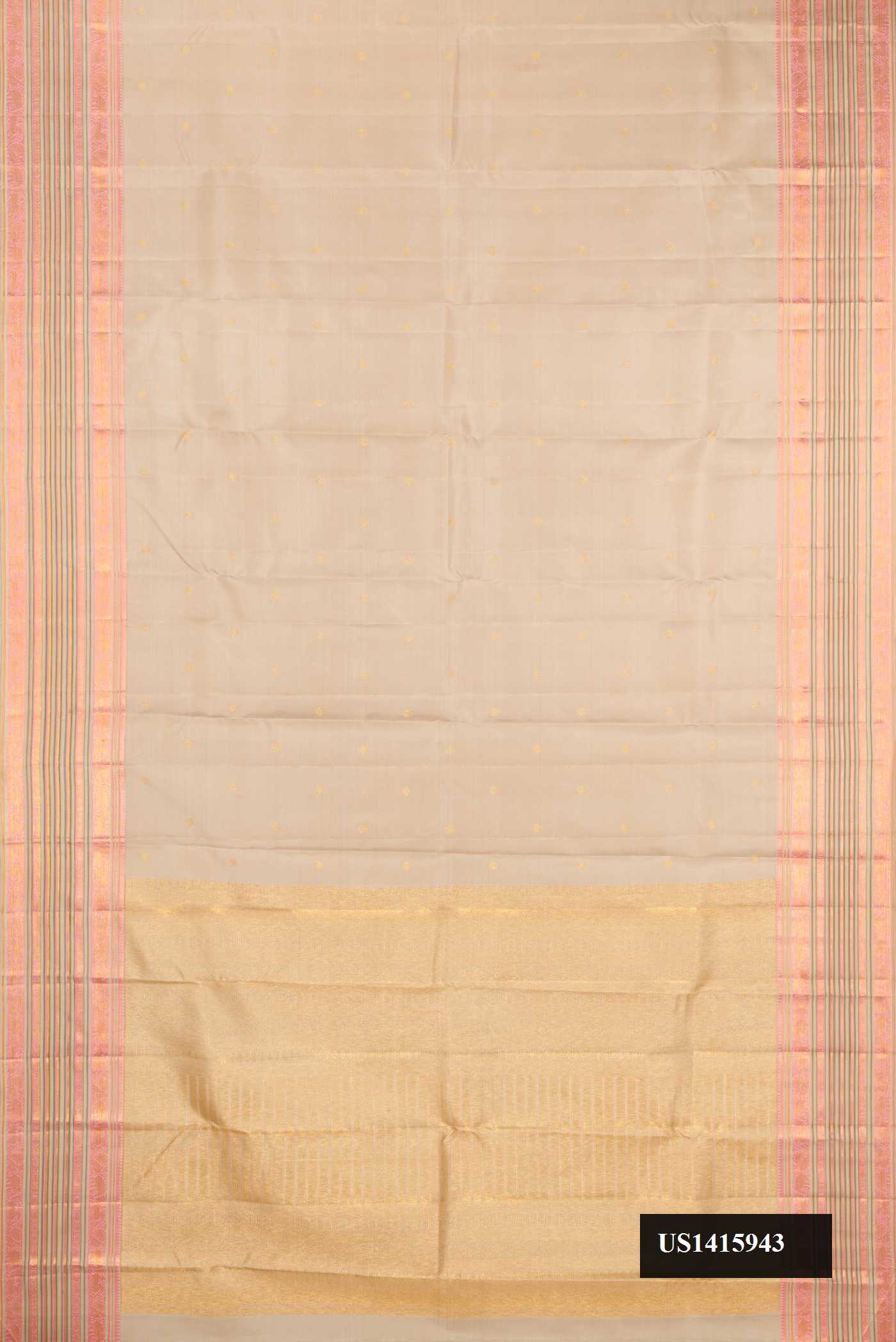 Beige Dual Tone Kanchipuram Silk Saree with Zari Butta on the body and Zari Border.  displayed on a mannequin