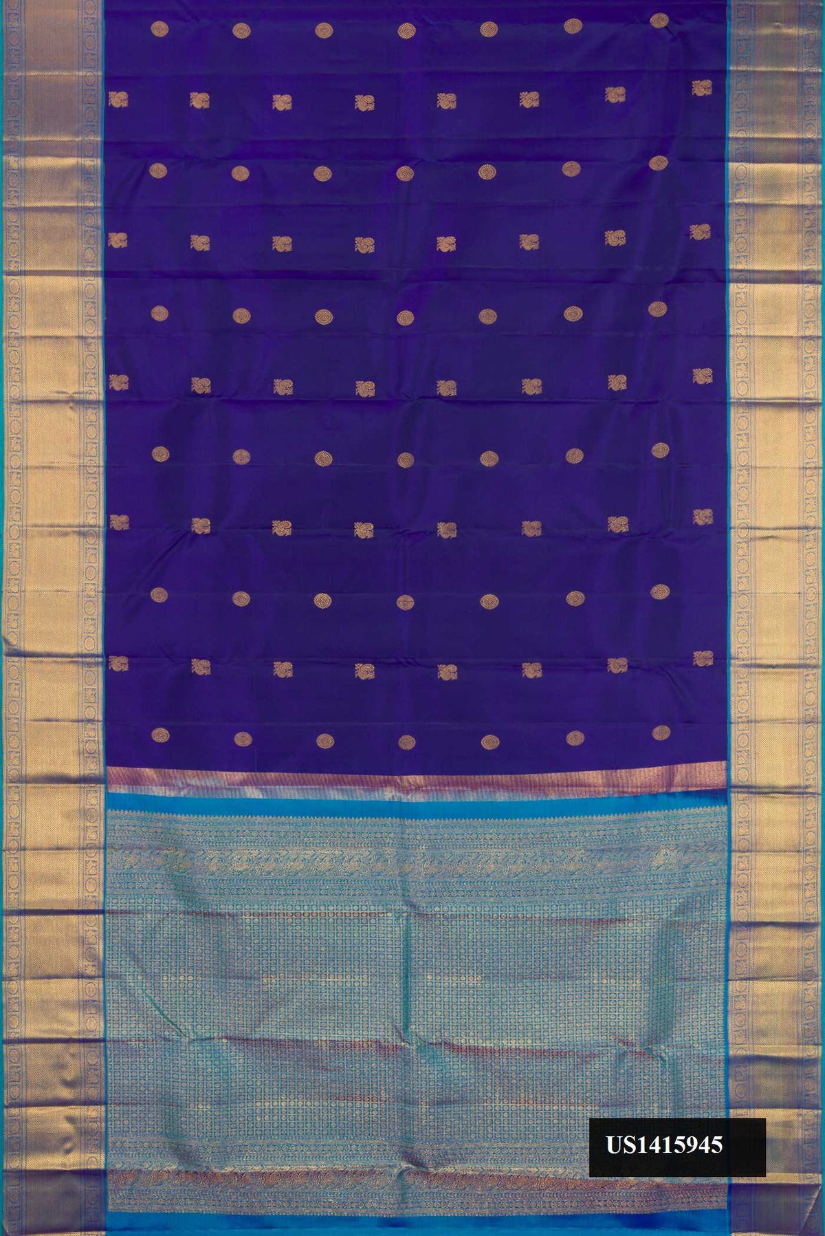 Navy Blue Dual Tone Kanchipuram Silk Saree with Zari Butta on the body and Zari Border.  displayed on a mannequin