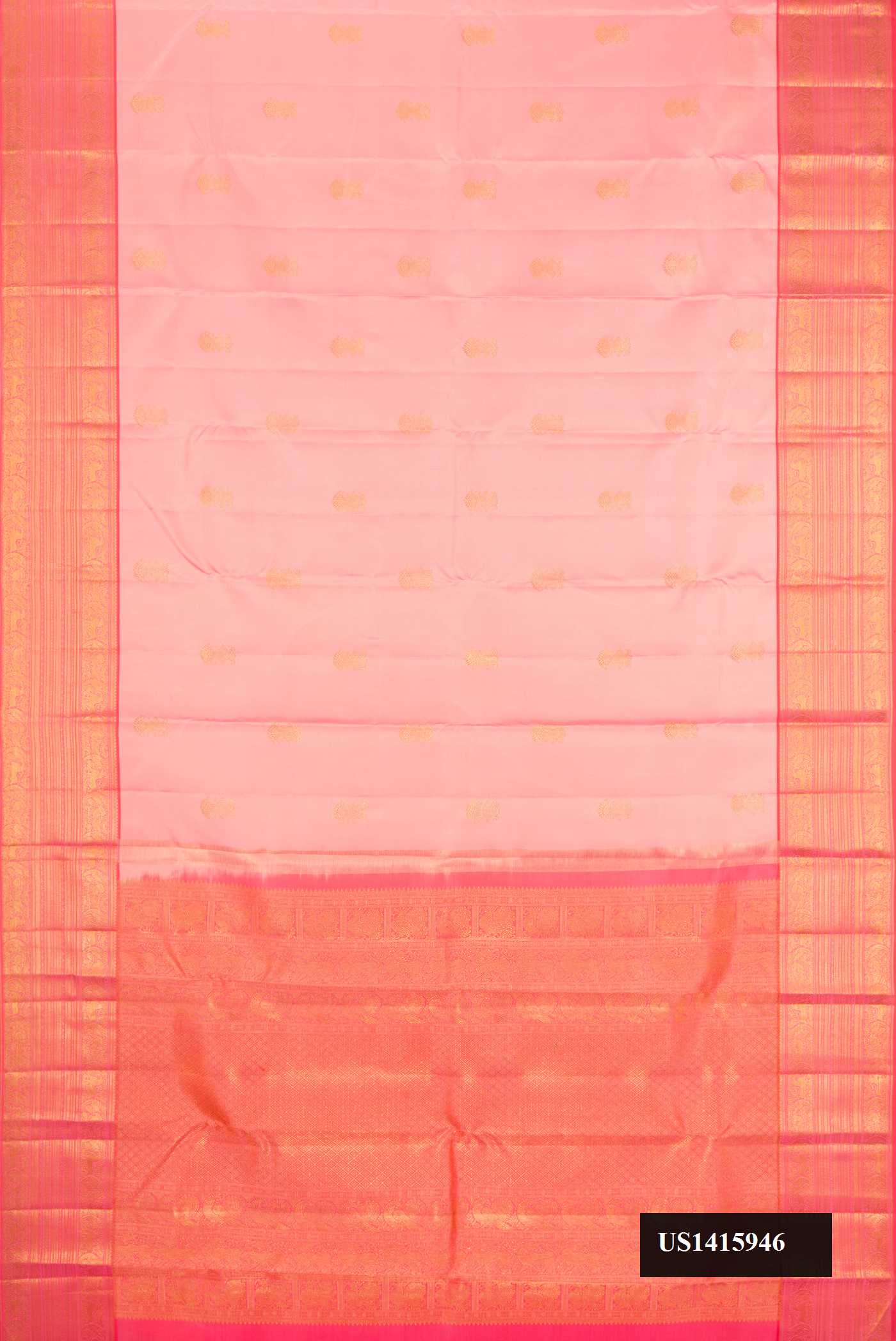 Pink Dual Tone Kanchipuram Silk Saree with Zari Butta on the body and Zari Border.  displayed on a mannequin