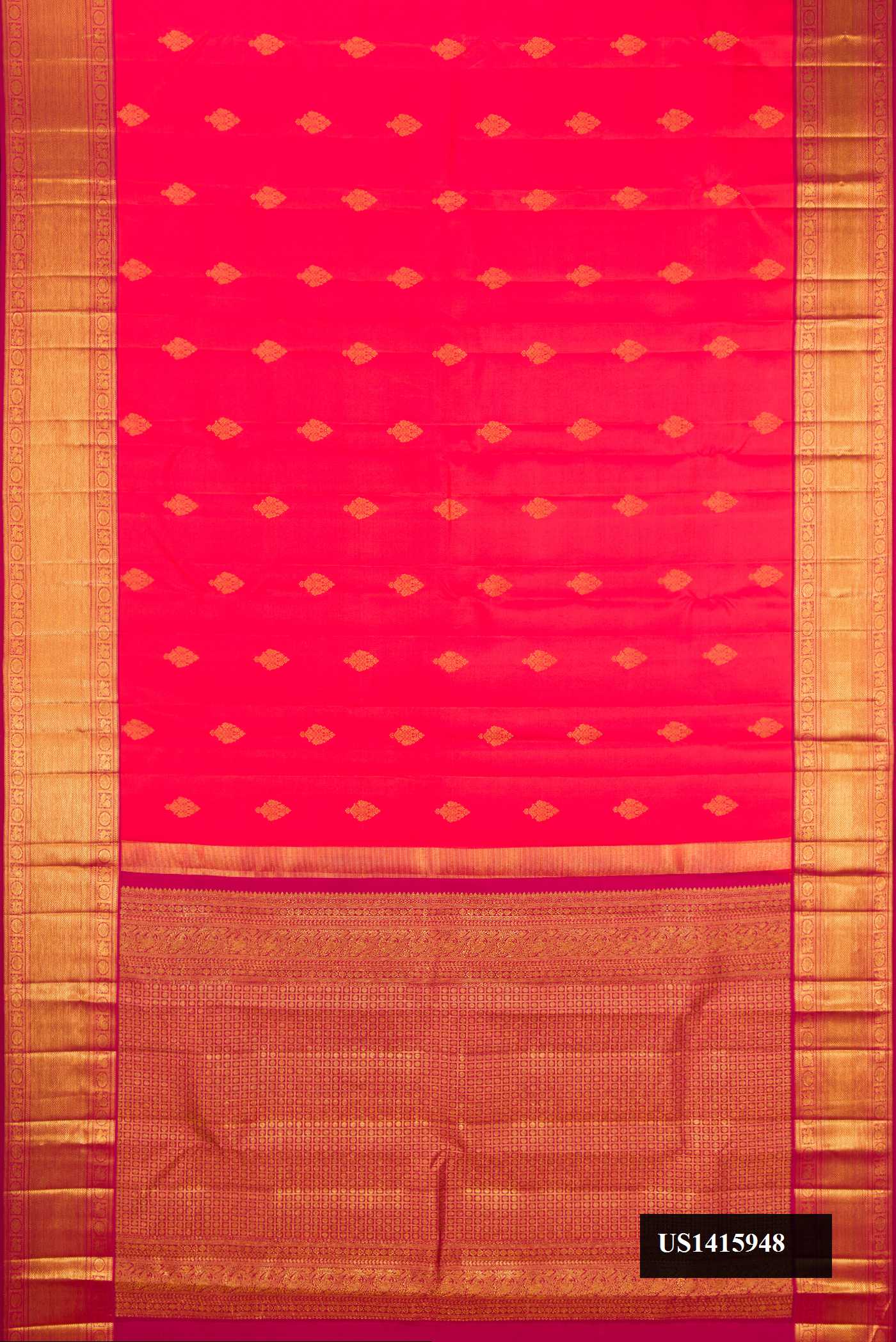 Coral Dual Tone Kanchipuram Silk Saree with Zari Butta on the body and Zari Border.  displayed on a mannequin