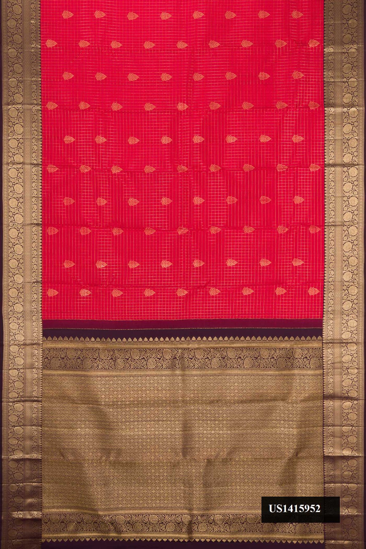 Red Dual Tone Kanchipuram Silk Saree with Checked design on the body and Zari Border.  displayed on a mannequin
