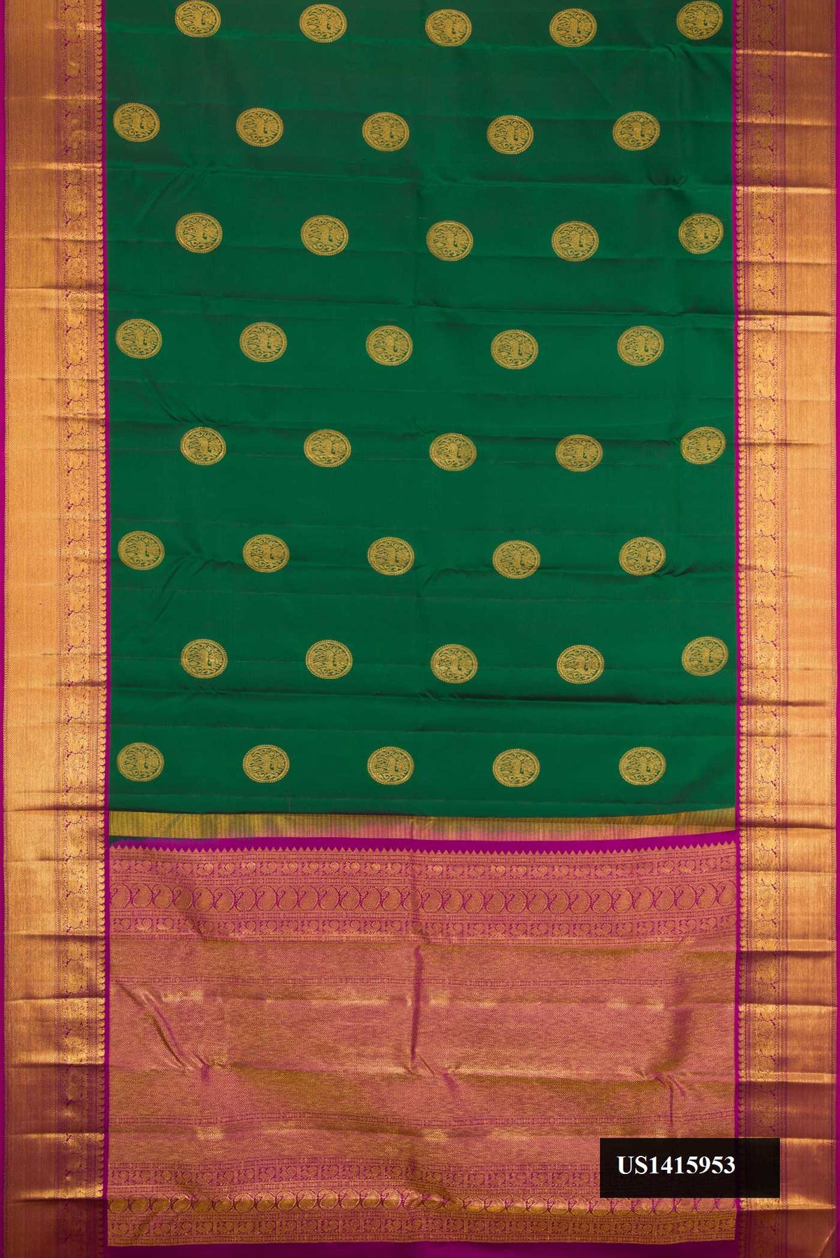 Green Dual Tone Kanchipuram Silk Saree with Zari Butta on the body and Zari Border.  displayed on a mannequin