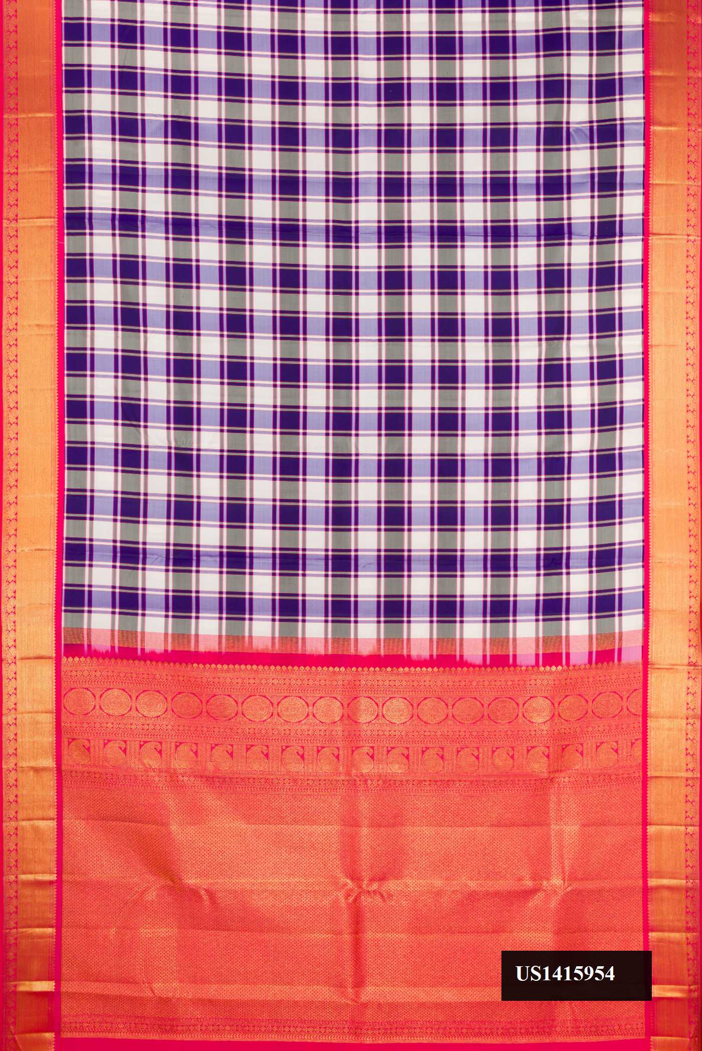Multi Dual Tone Kanchipuram Silk Saree with Checked design on the body and Zari Border.  displayed on a mannequin