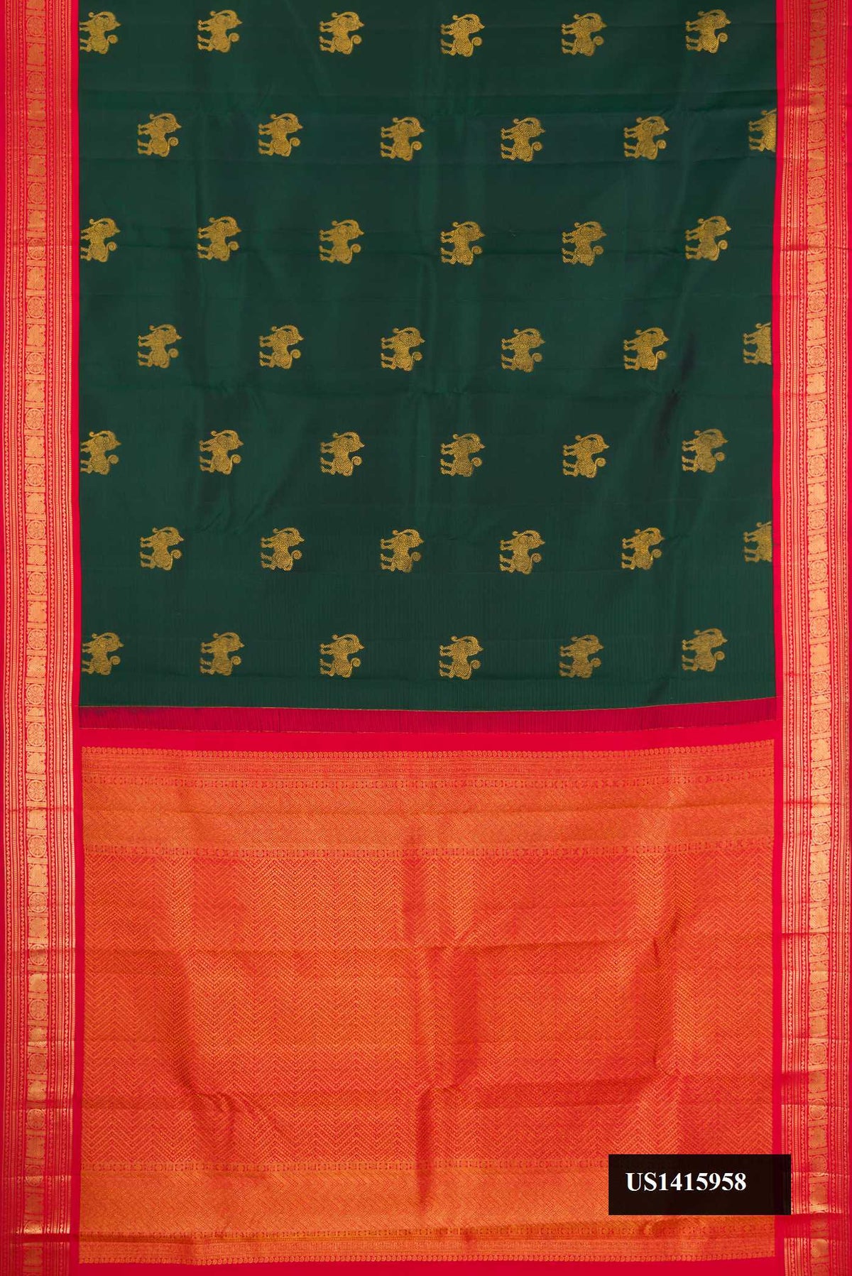 Bottle Green Dual Tone Kanchipuram Silk Saree with Zari Butta on the body and Zari Border.  displayed on a mannequin