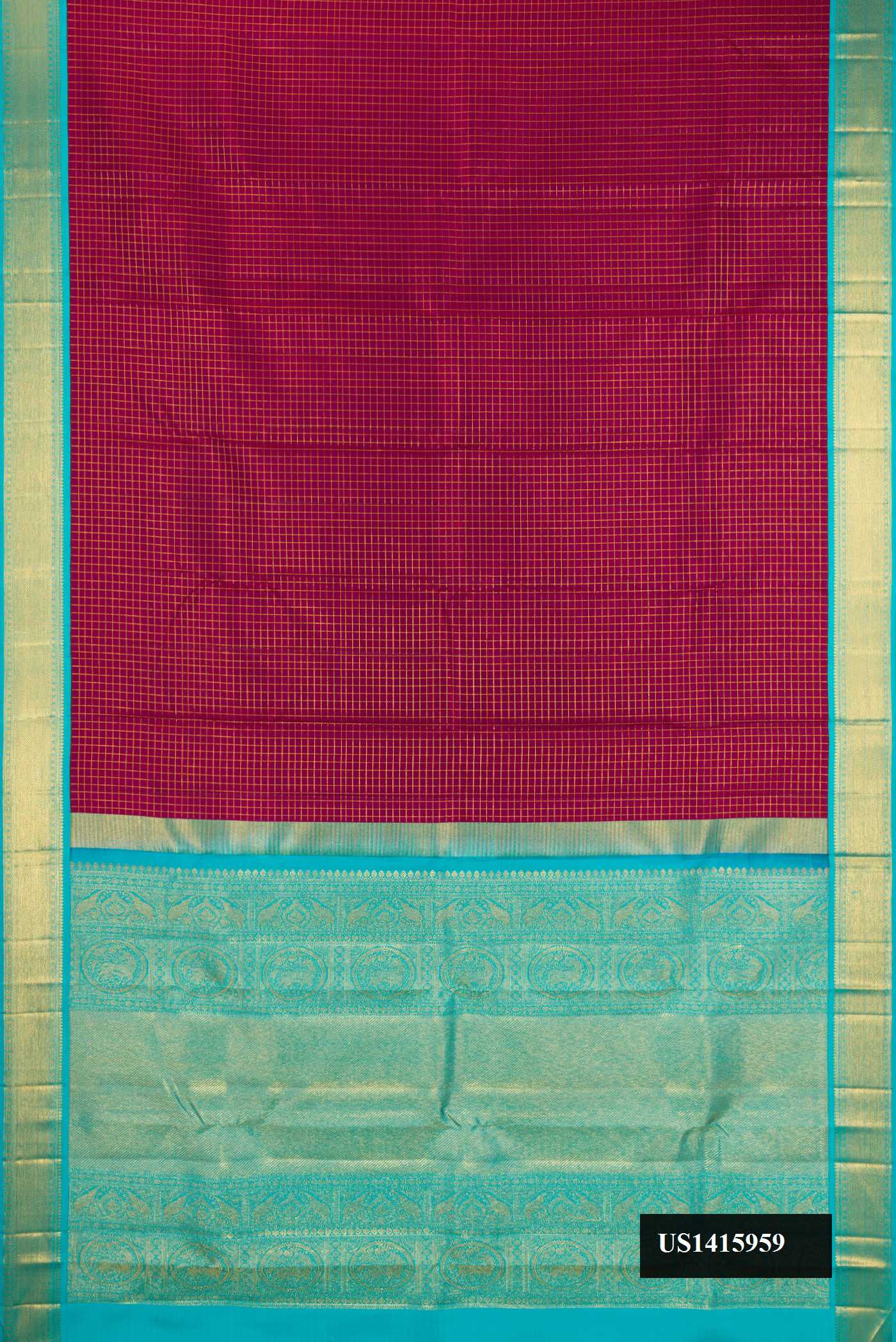 Burgundy Dual Tone Kanchipuram Silk Saree with Checked design on the body and Zari Border.  displayed on a mannequin