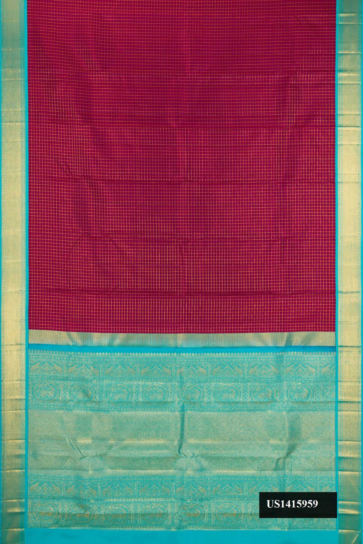 Burgundy Dual Tone Kanchipuram Silk Saree with Checked design on the body and Zari Border.  displayed on a mannequin