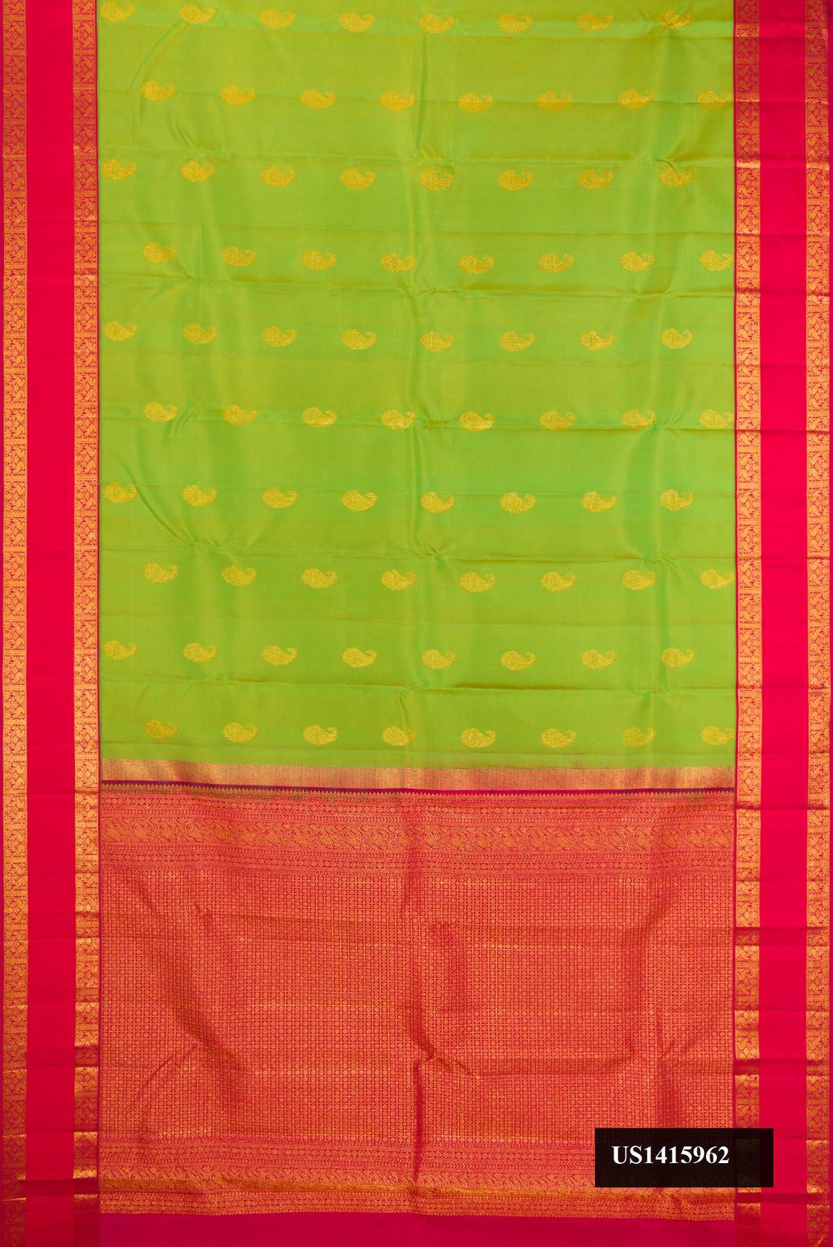 Parrot Green Dual Tone Kanchipuram Silk Saree with Zari Butta on the body and Zari Border.  displayed on a mannequin