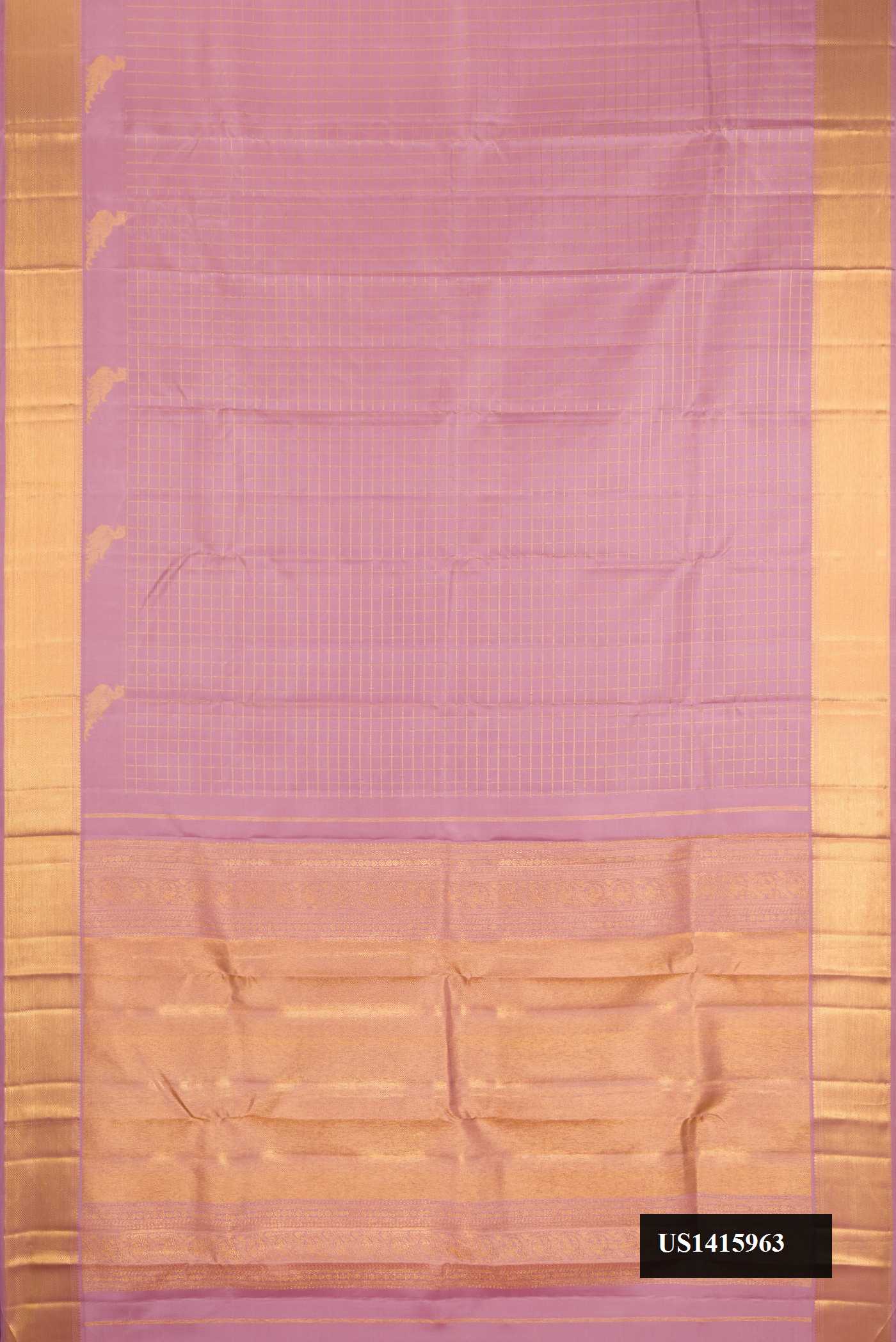 Rose Gold Dual Tone Kanchipuram Silk Saree with Checked design on the body and Zari Border.  displayed on a mannequin