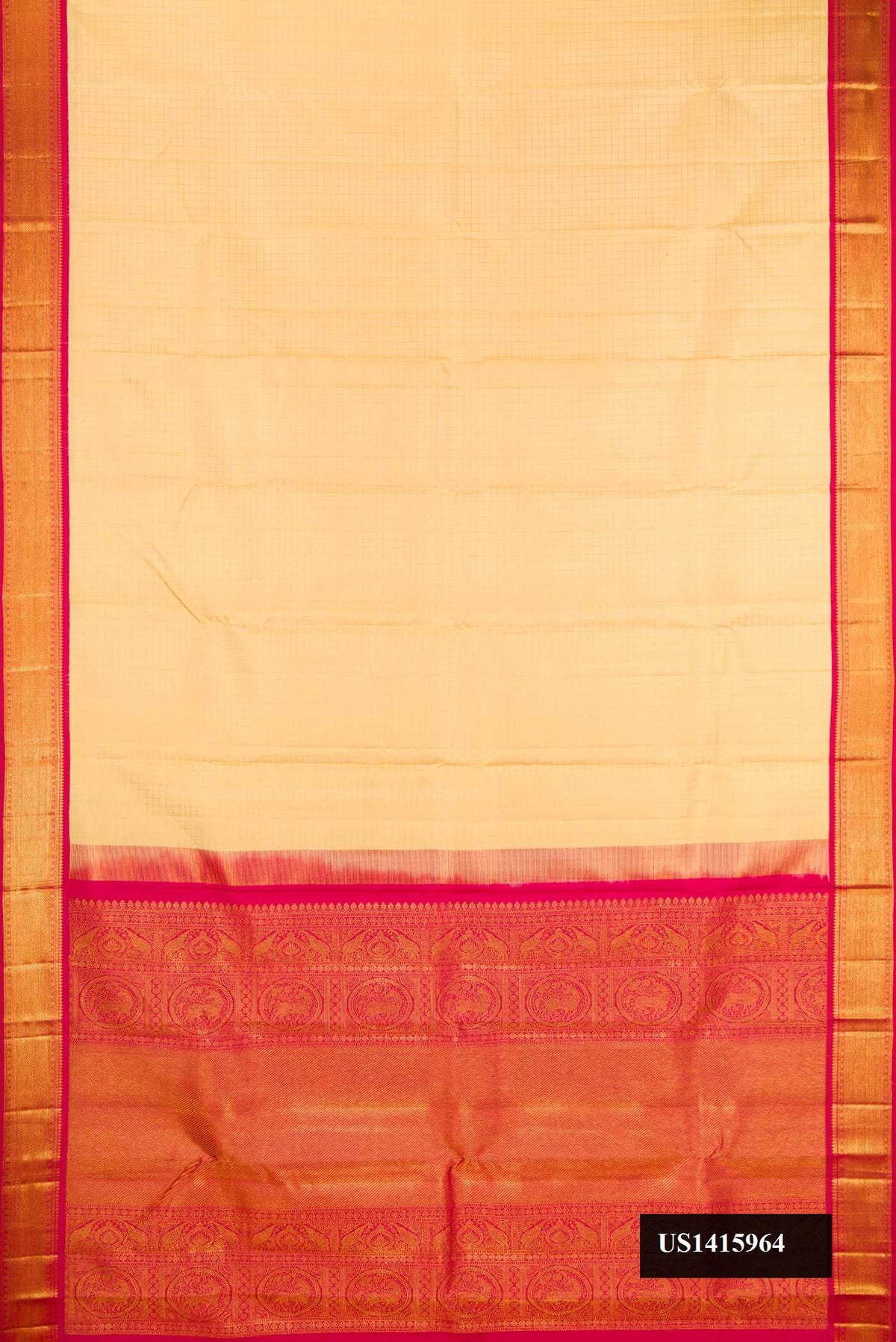 Sandal Dual Tone Kanchipuram Silk Saree with Checked design on the body and Zari Border.  displayed on a mannequin