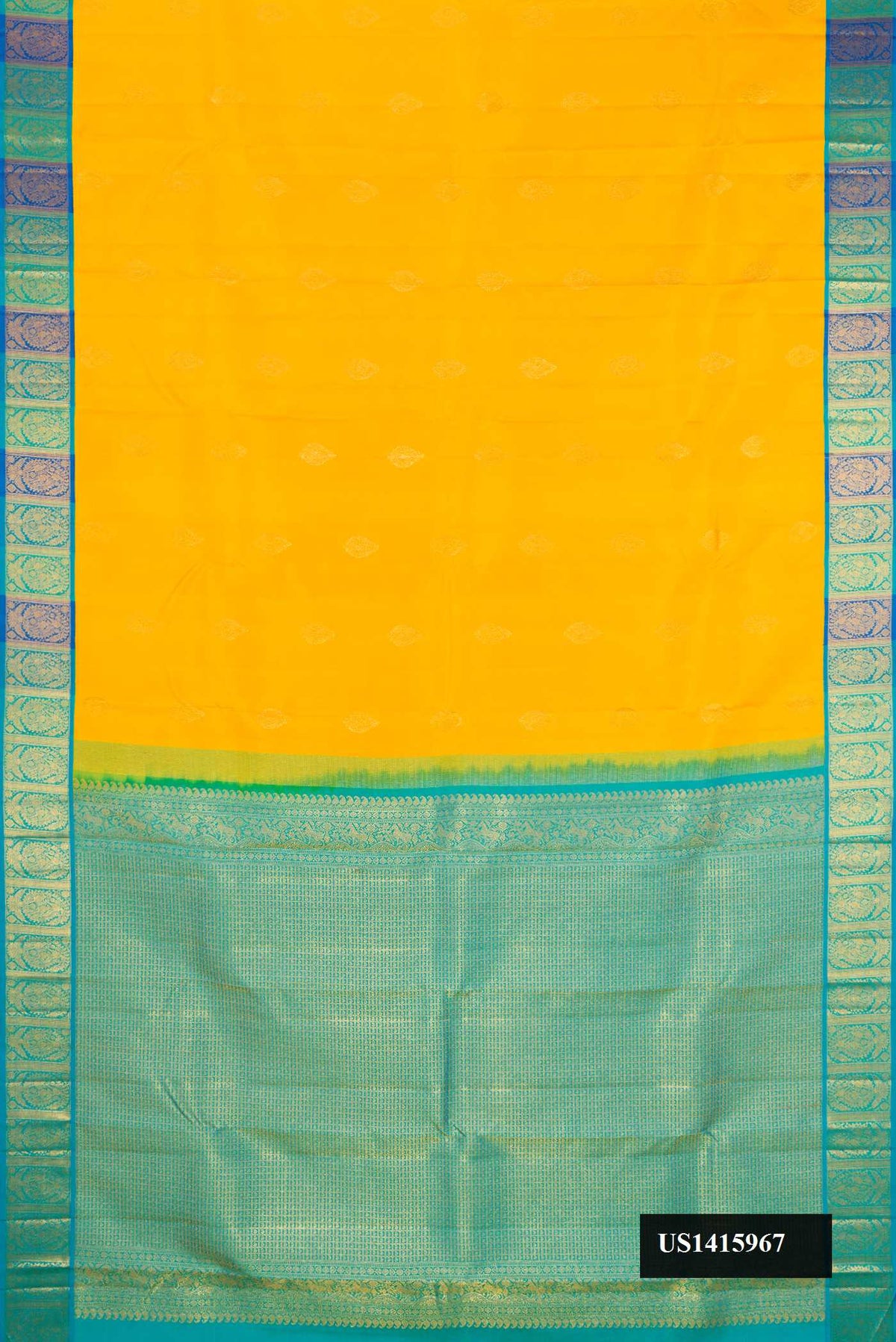 Yellow Dual Tone Kanchipuram Silk Saree with Zari Butta on the body and Zari Border.  displayed on a mannequin