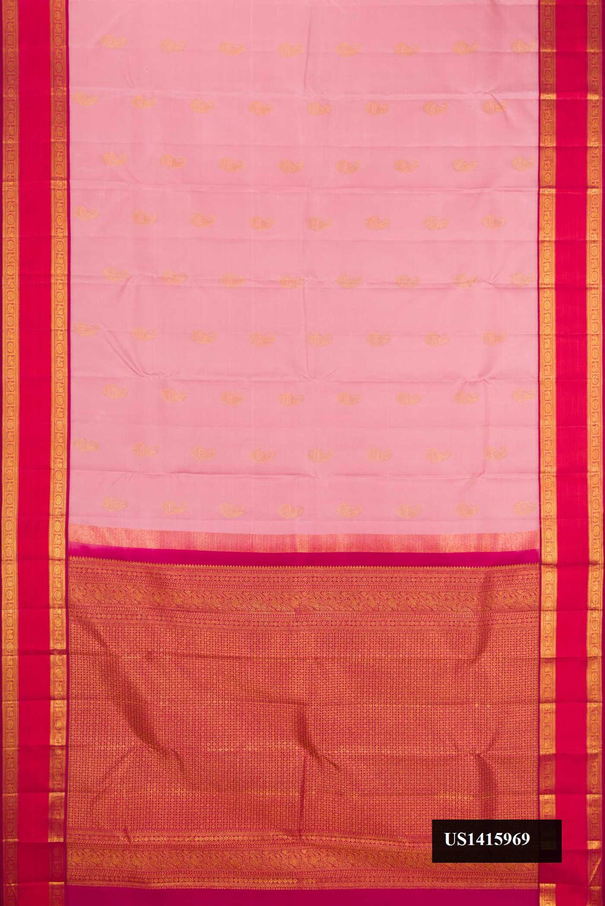 Rose pink Dual Tone Kanchipuram Silk Saree with Zari Butta on the body and Zari Border.  displayed on a mannequin