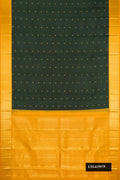 Bottle Green Dual Tone Kanchipuram Silk Saree with Zari Butta on the body and Zari Border.  displayed on a mannequin