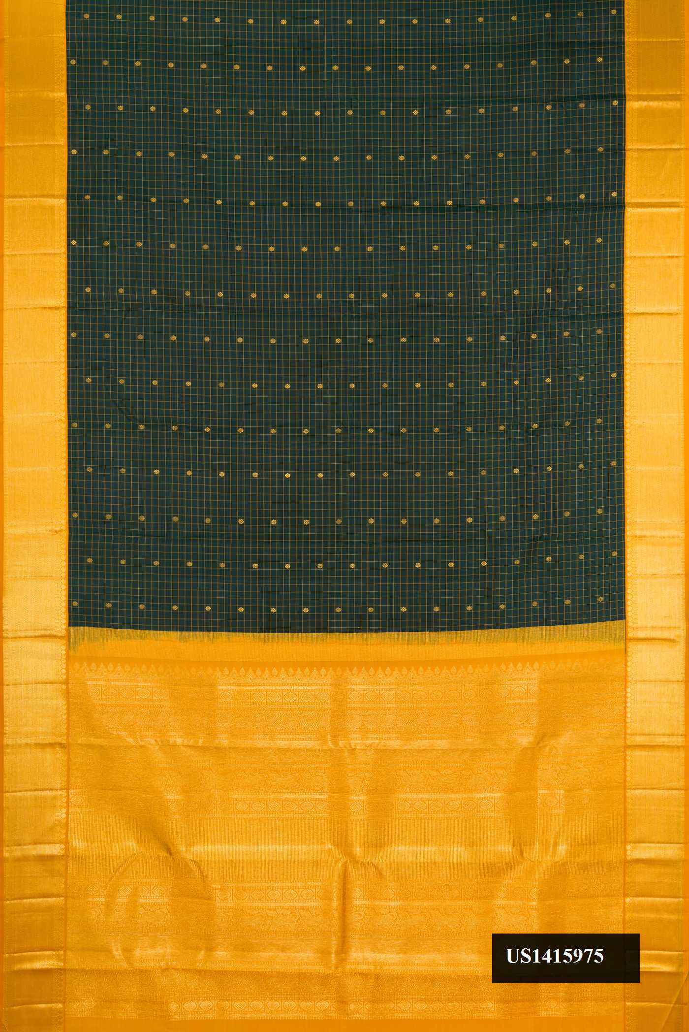 Bottle Green Dual Tone Kanchipuram Silk Saree with Zari Butta on the body and Zari Border.  displayed on a mannequin