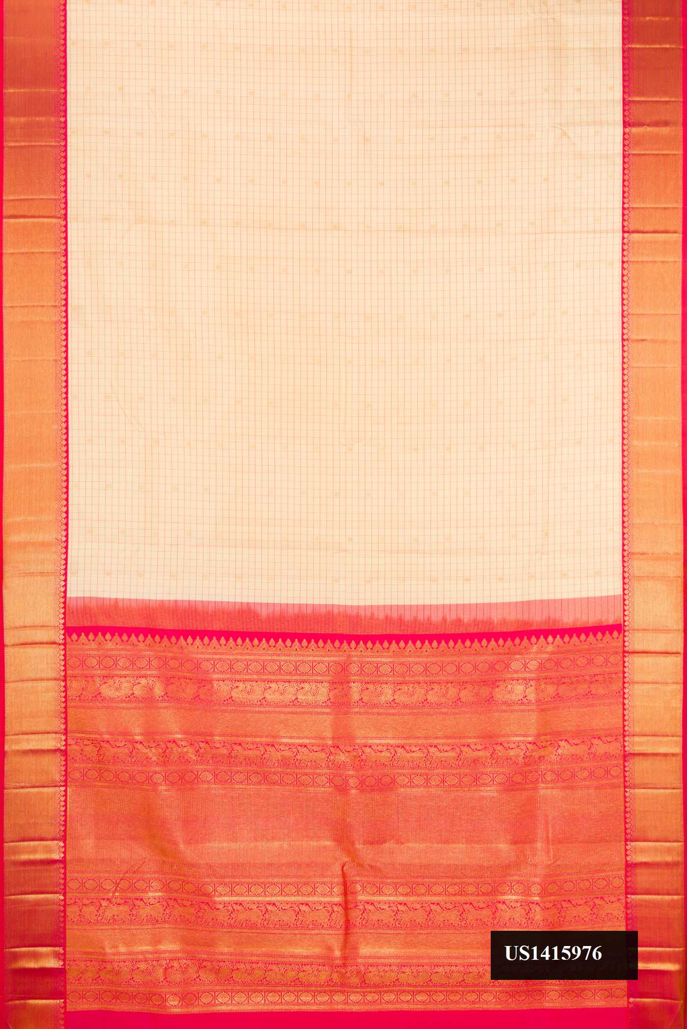 Sandal Dual Tone Kanchipuram Silk Saree with Checked design on the body and Zari Border.  displayed on a mannequin