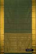 Bottle Green Dual Tone Kanchipuram Silk Saree with Checked design on the body and Zari Border.  displayed on a mannequin
