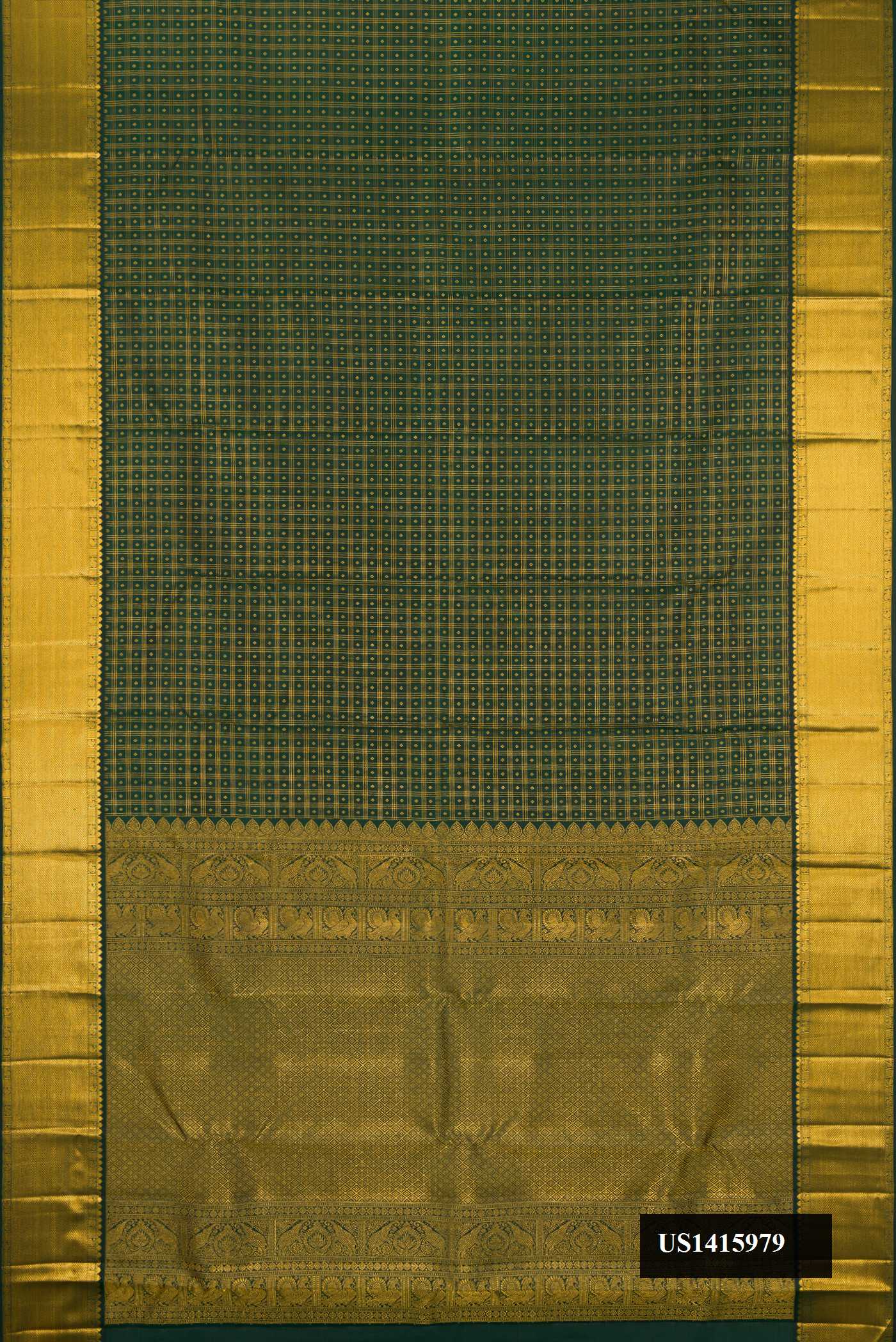 Bottle Green Dual Tone Kanchipuram Silk Saree with Checked design on the body and Zari Border.  displayed on a mannequin