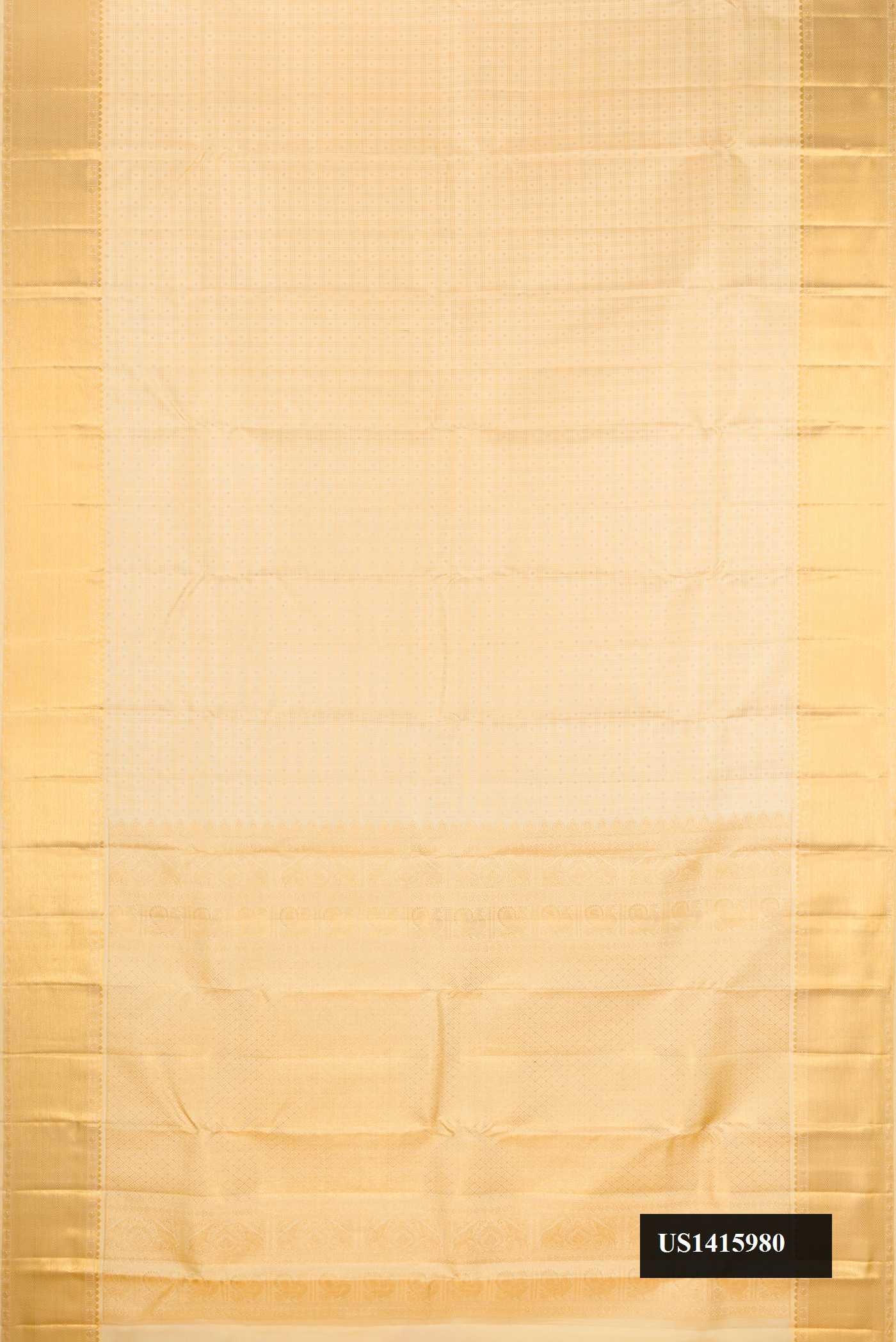 Beige Dual Tone Kanchipuram Silk Saree with Checked design on the body and Zari Border.  displayed on a mannequin