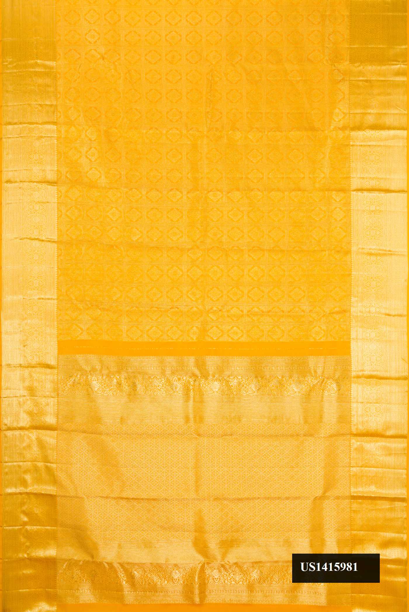 Mustard Dual Tone Kanchipuram Silk Saree with Zari Brocade on the body and Zari Border.  displayed on a mannequin