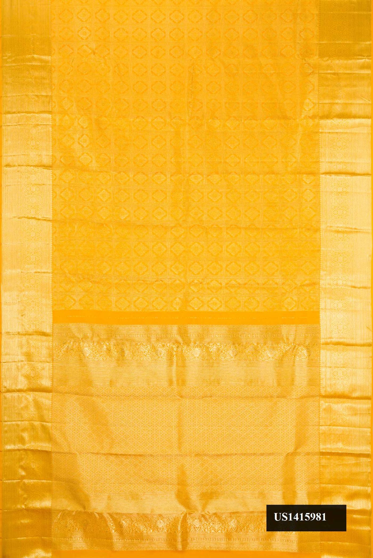 Mustard Dual Tone Kanchipuram Silk Saree with Zari Brocade on the body and Zari Border.  displayed on a mannequin