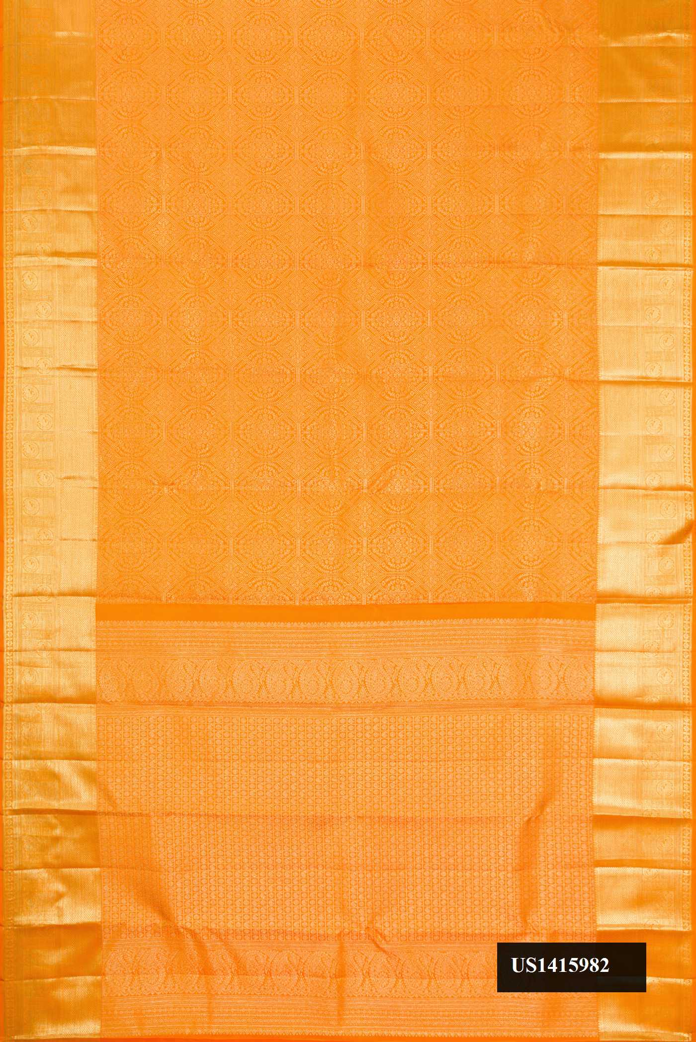 Orange Dual Tone Kanchipuram Silk Saree with Zari Brocade on the body and Zari Border.  displayed on a mannequin