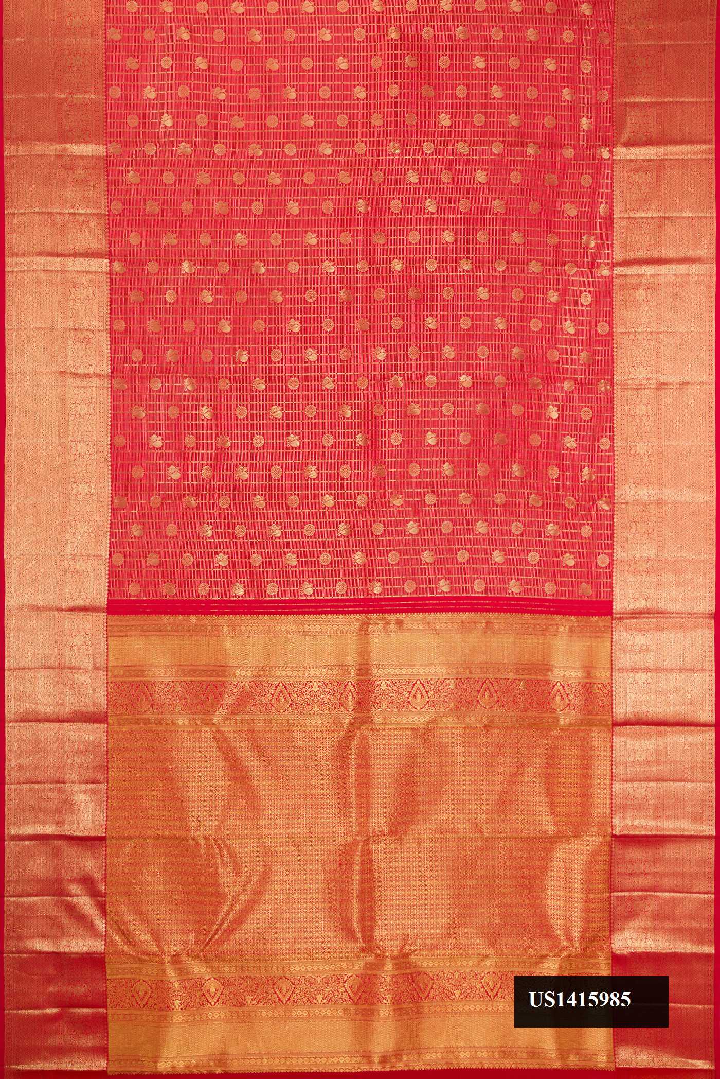 Red Dual Tone Kanchipuram Silk Saree with Zari Brocade on the body and Zari Border.  displayed on a mannequin