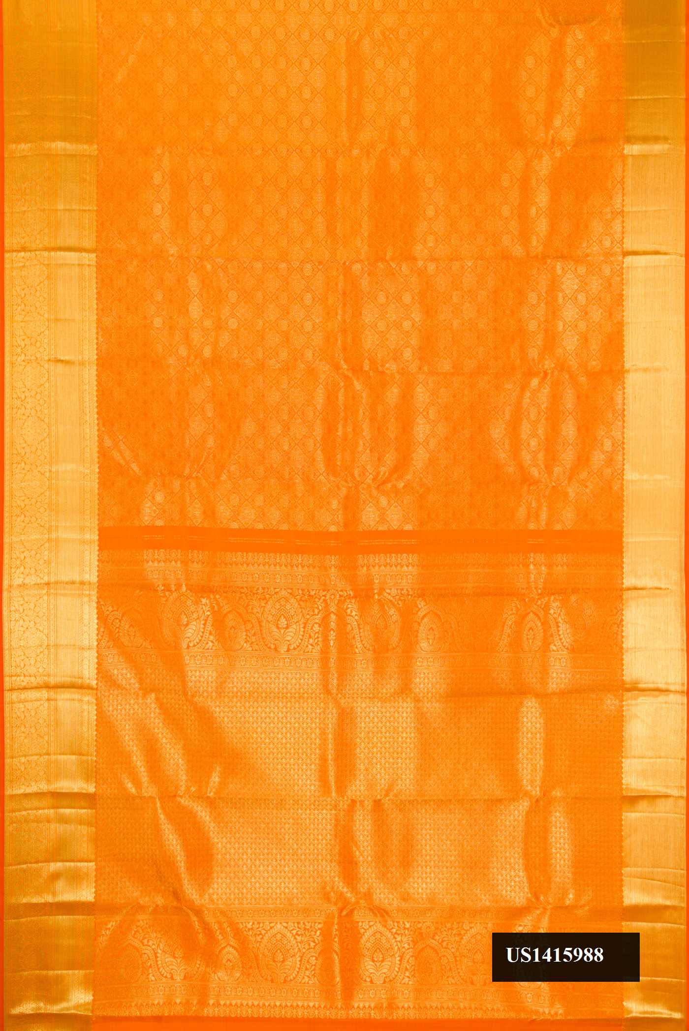Orange Dual Tone Kanchipuram Silk Saree with Zari Brocade on the body and Zari Border.  displayed on a mannequin
