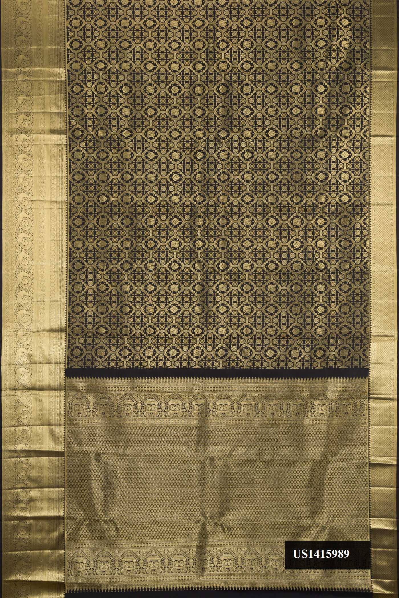 Black Dual Tone Kanchipuram Silk Saree with Zari Brocade on the body and Zari Border.  displayed on a mannequin