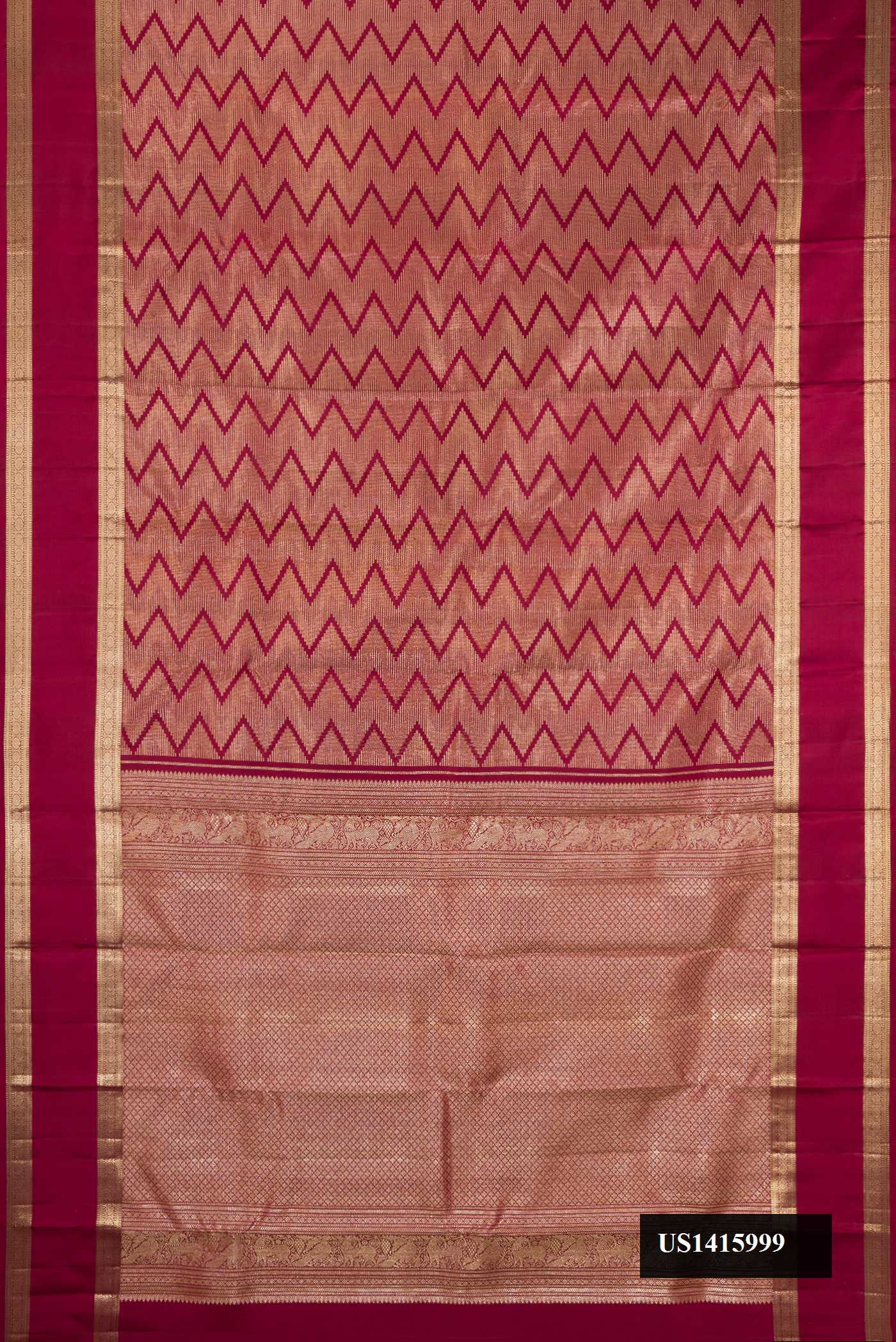 Maroon Dual Tone Kanchipuram Silk Saree with Zari Brocade on the body and Zari Border.  displayed on a mannequin